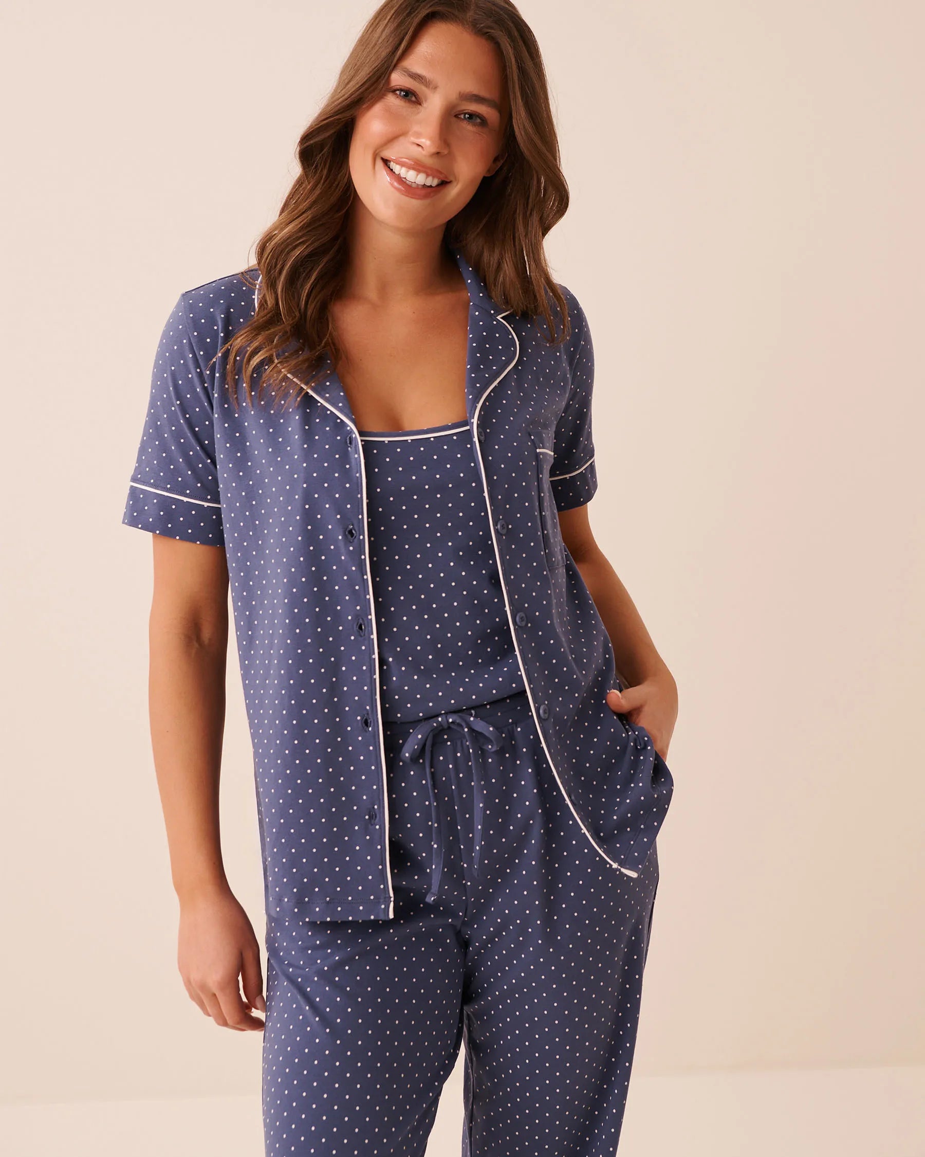 La Vie en Rose Crown Blue Dot Women Cotton Short Sleeve Button-Down Shirt SKU: 40100858_P40574 Image 04