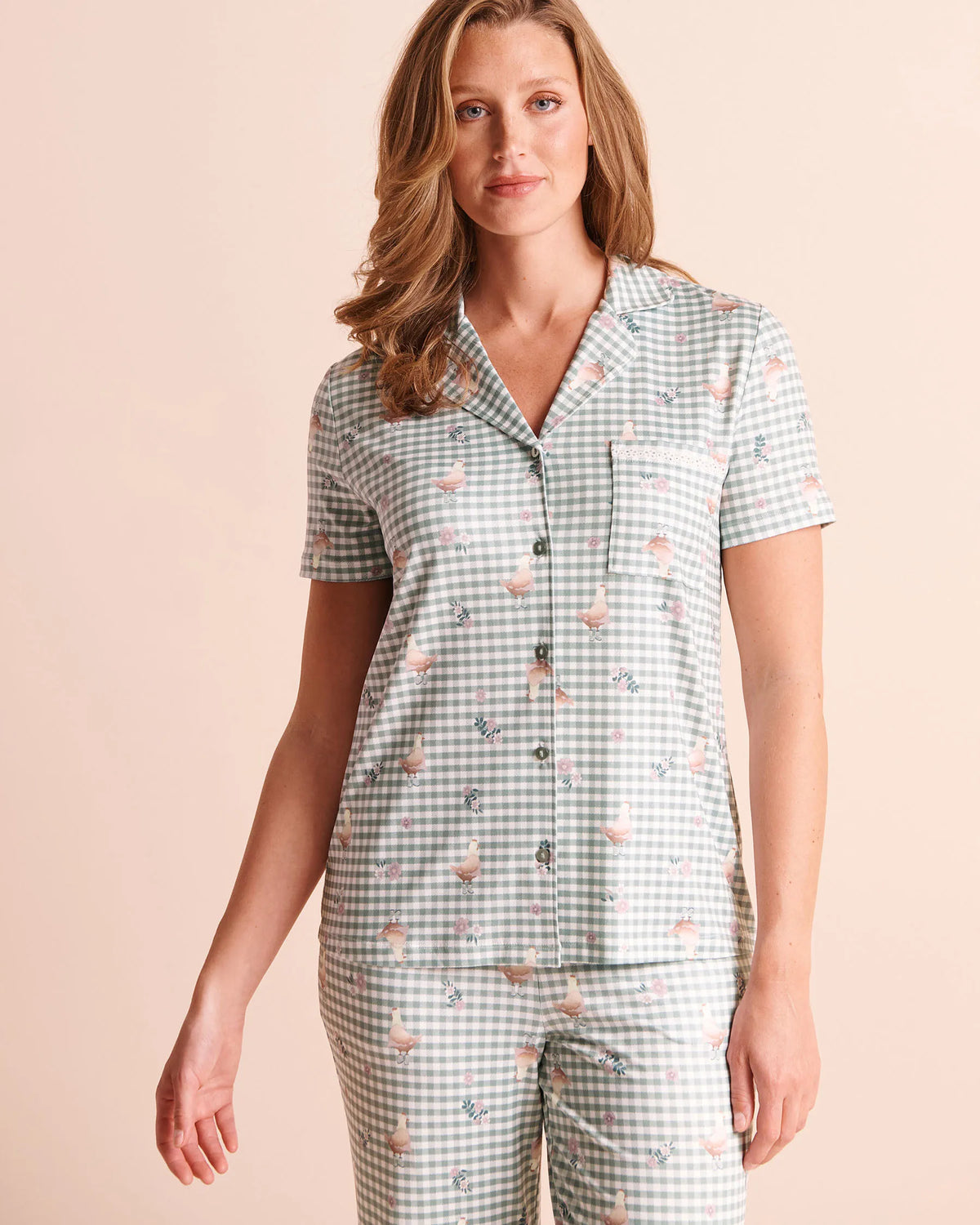 La Vie en Rose Green Milieu Gingham Chickens Women Chicken Gingham Print Super Soft Short Sleeve Button-Down Shirt SKU: 40100905_P30168 Image 01