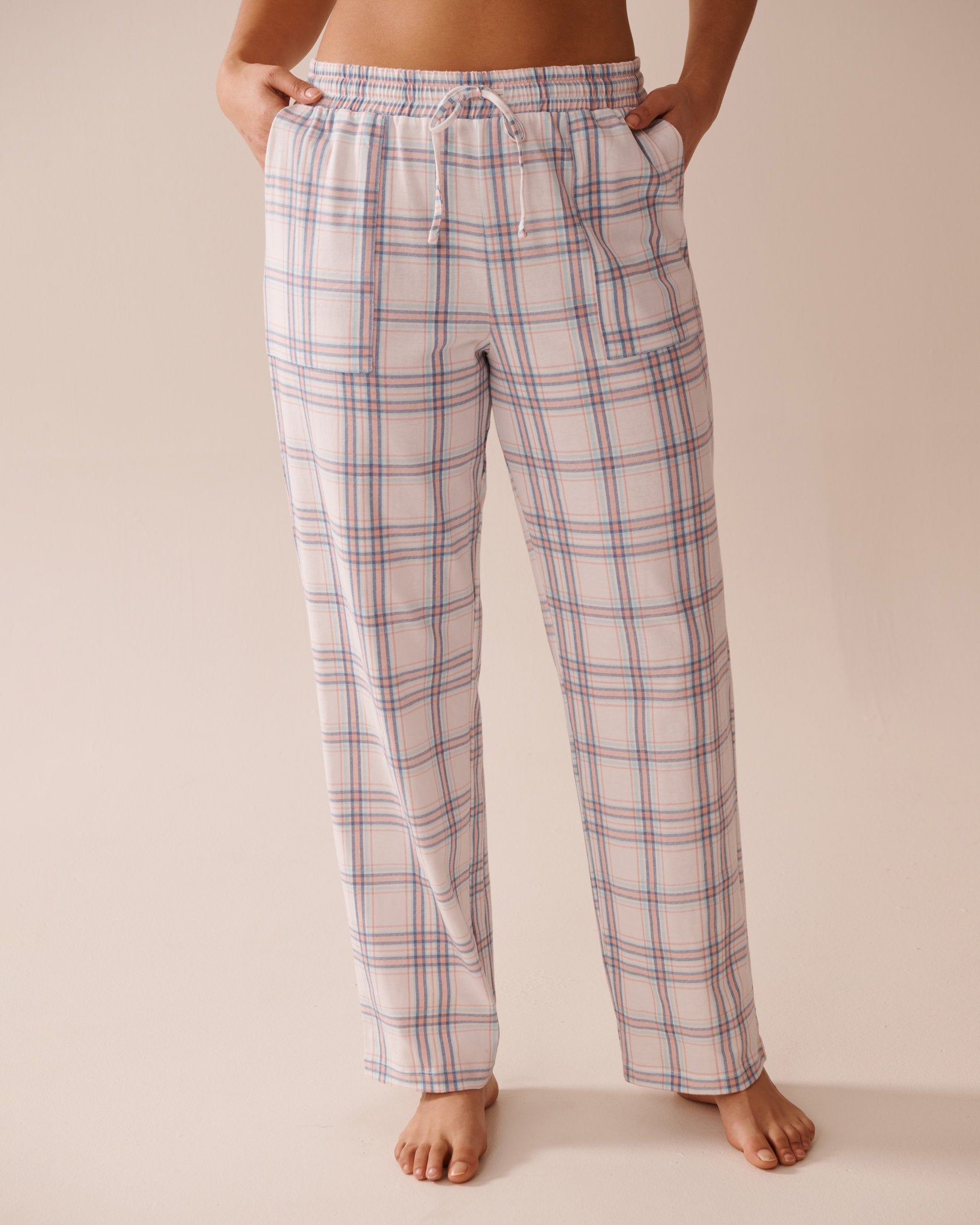 La Vie en Rose_Peach Plaid Cotton Pajama Pants_40200716_P60359_01