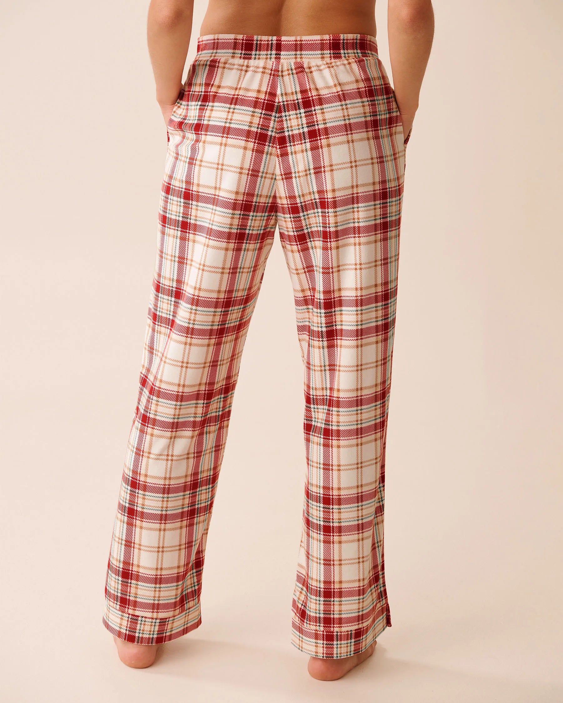 La Vie en Rose_Snow White Beige Plaid_Red & Beige Plaid Soft Velour Pajama Pants_40200787_P10556_04