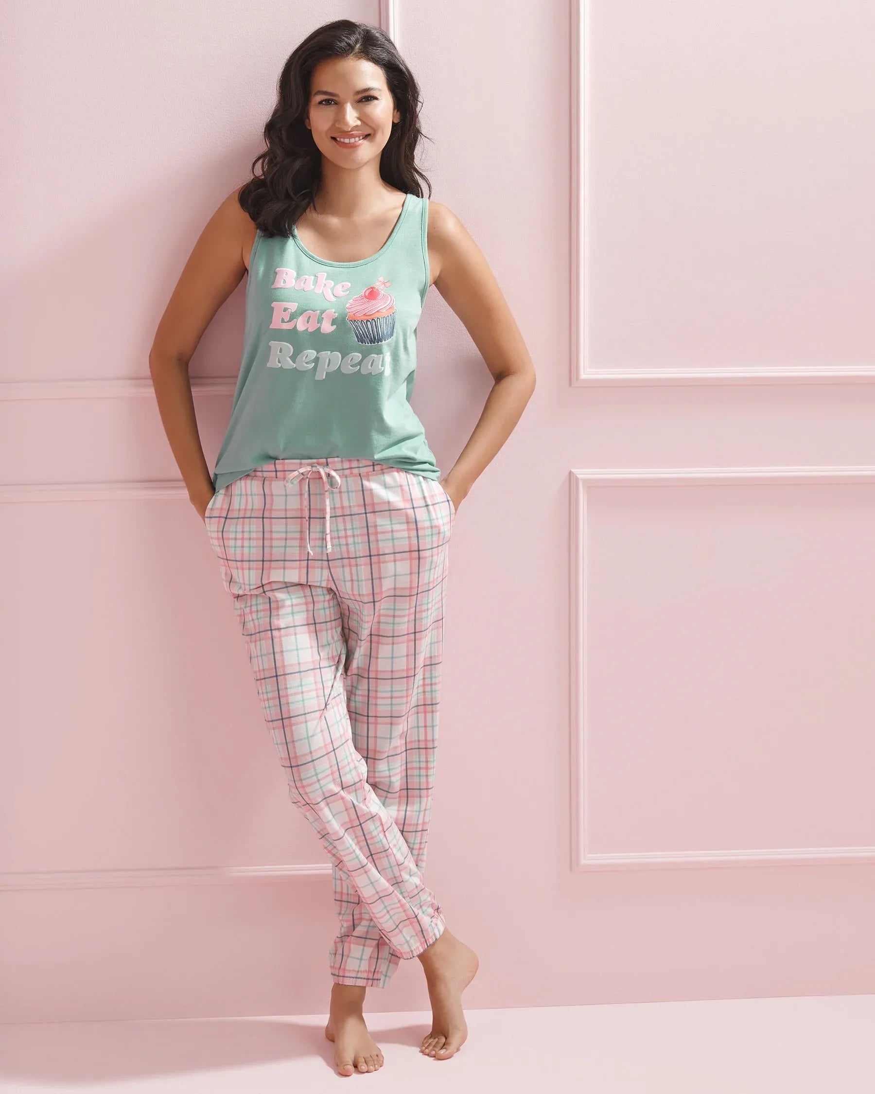 La Vie en Rose Crystal Rose Plaid Women Pink Plaid Cotton Jogger Pajama Pants SKU: 40200816_P60455 Image 01