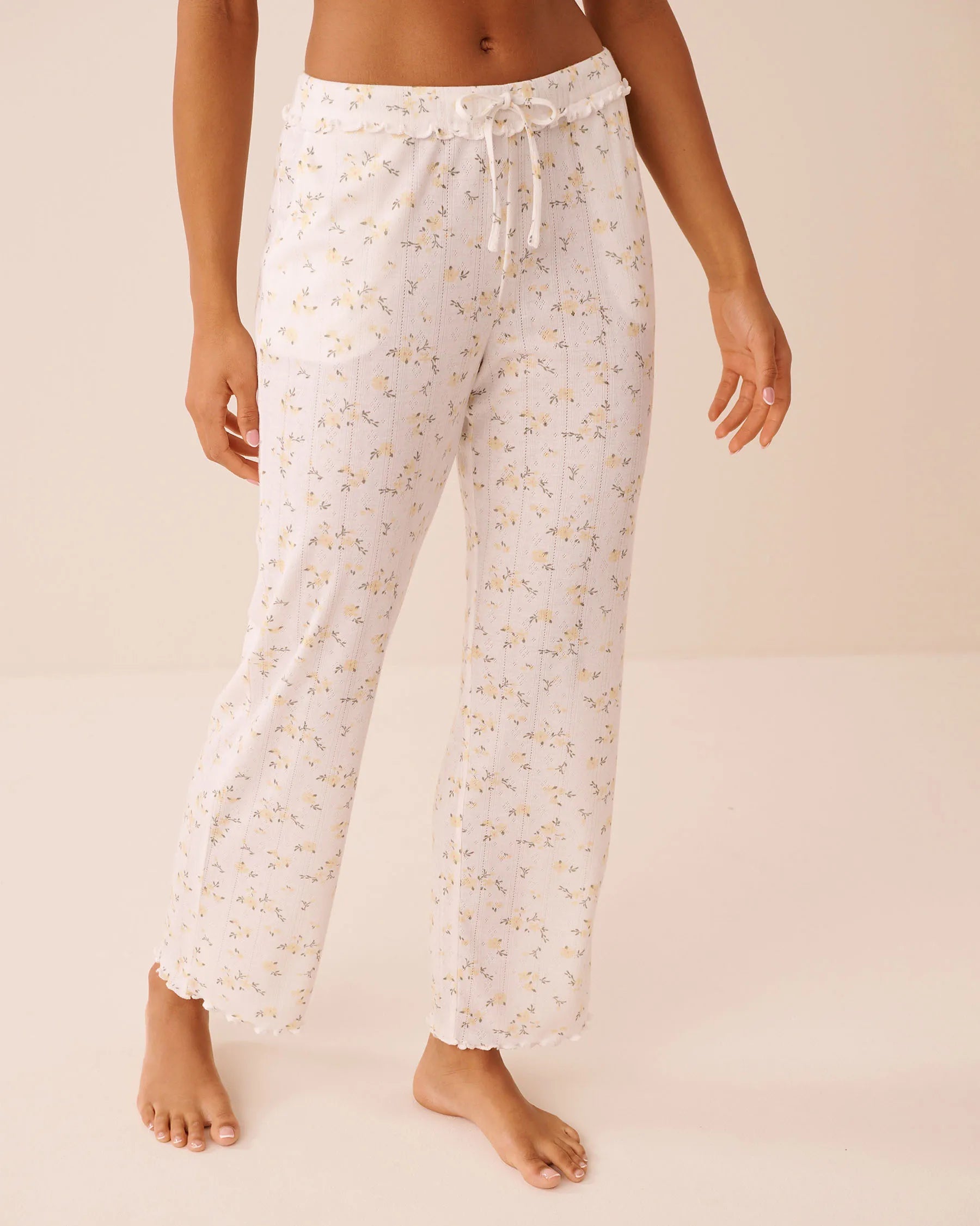 La Vie en Rose Snow White Apricot Ditsy Women Floral Print Ruffle Hem Pointelle Pajama Pants SKU: 40200838_P10590 Image 02