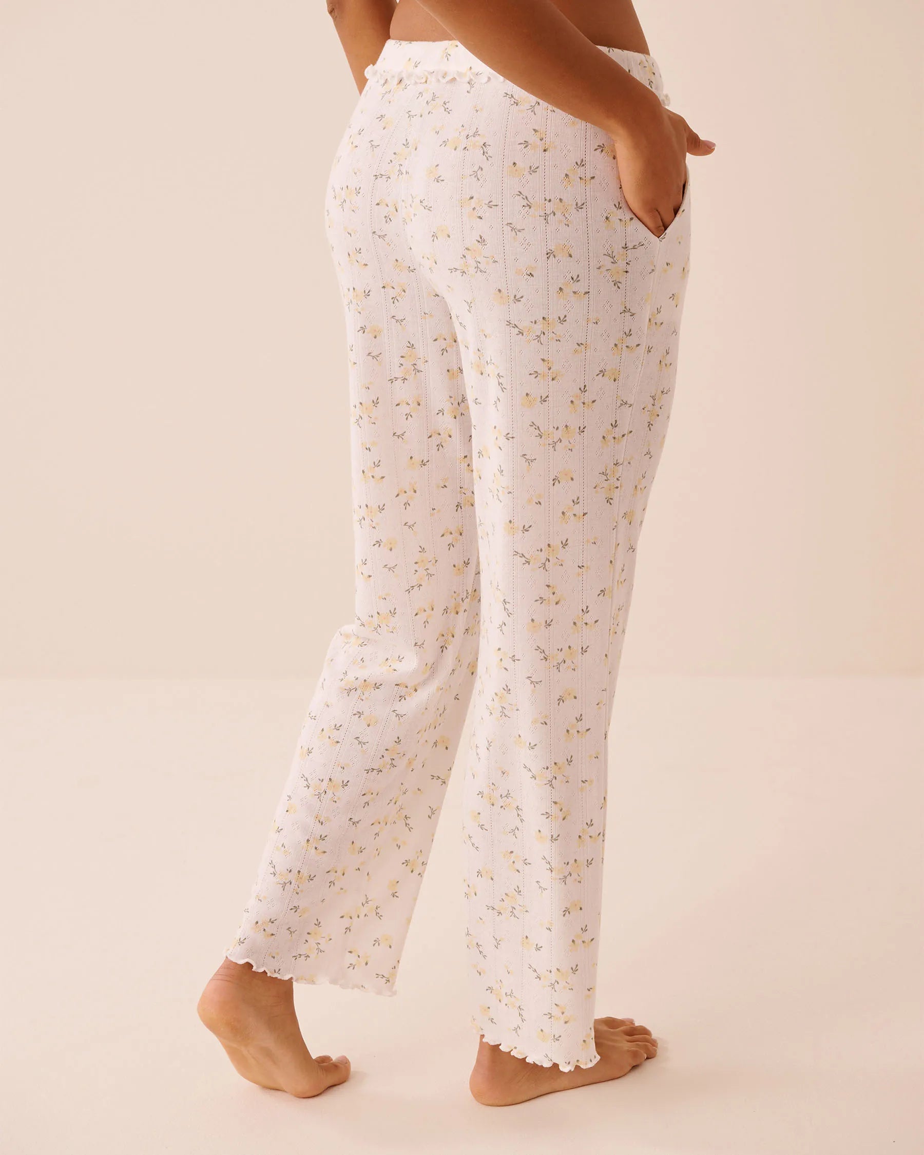 La Vie en Rose Snow White Apricot Ditsy Women Floral Print Ruffle Hem Pointelle Pajama Pants SKU: 40200838_P10590 Image 03