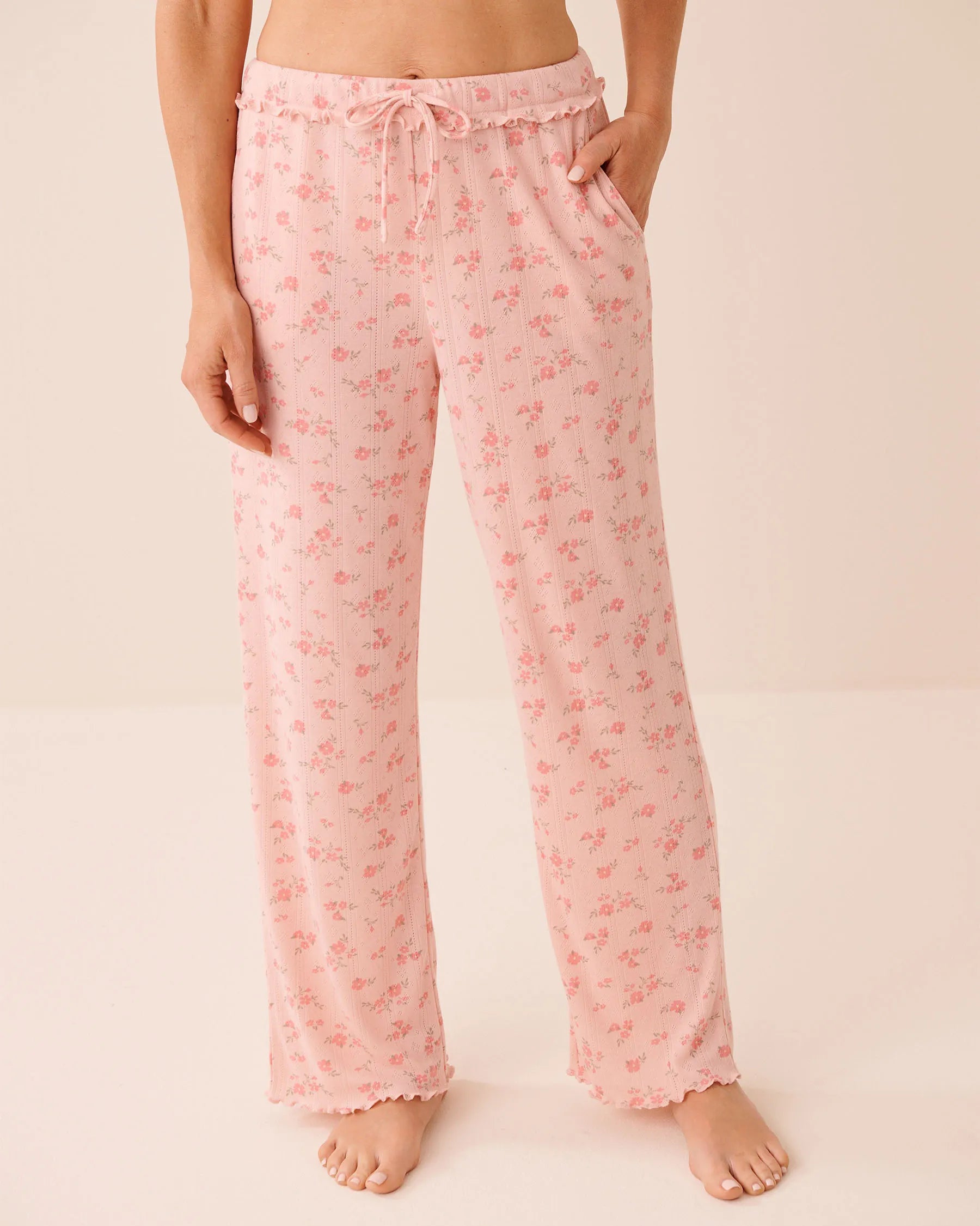 La Vie en Rose Peachskin Ditsy Women Floral Print Ruffle Hem Pointelle Pajama Pants SKU: 40200838_P60471 Image 01