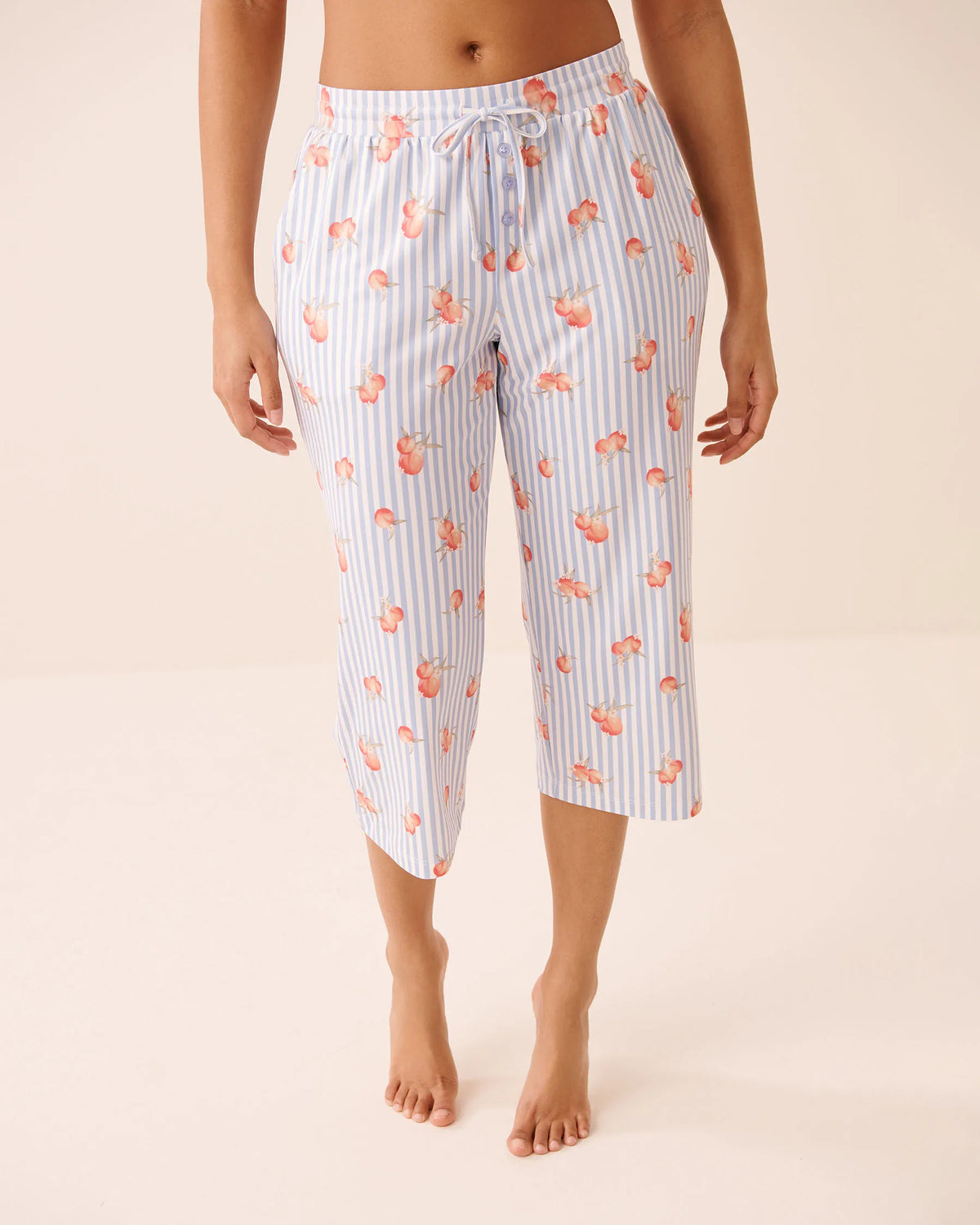 La Vie en Rose Brunnera Blue Peaches Women Peach & Stripe Print Super Soft Pajama Capris SKU: 40200847_P40575 Image 01
