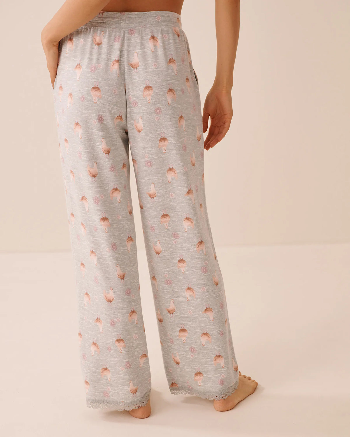 La Vie en Rose Belgium Block Printed Mix Women Chicken Print Lace-Trim Soft Knit Pajama Pants SKU: 40200882_P30166 Image 02