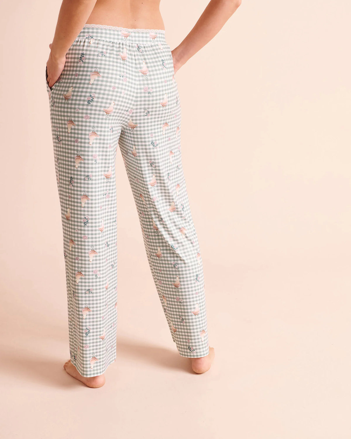 La Vie en Rose Green Milieu Gingham Chickens Women Chicken Gingham Print Super Soft Pajama Pants SKU: 40200889_P30168 Image 02