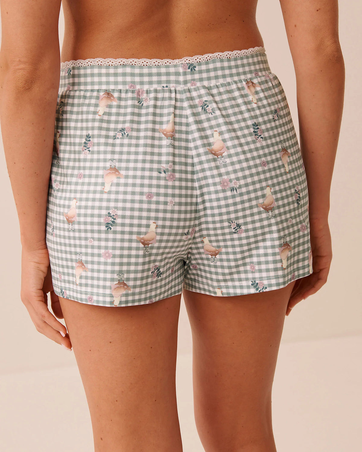 La Vie en Rose Green Milieu Gingham Chickens Women Chicken Gingham Print Super Soft Pajama Shorts SKU: 40200890_P30168 Image 02