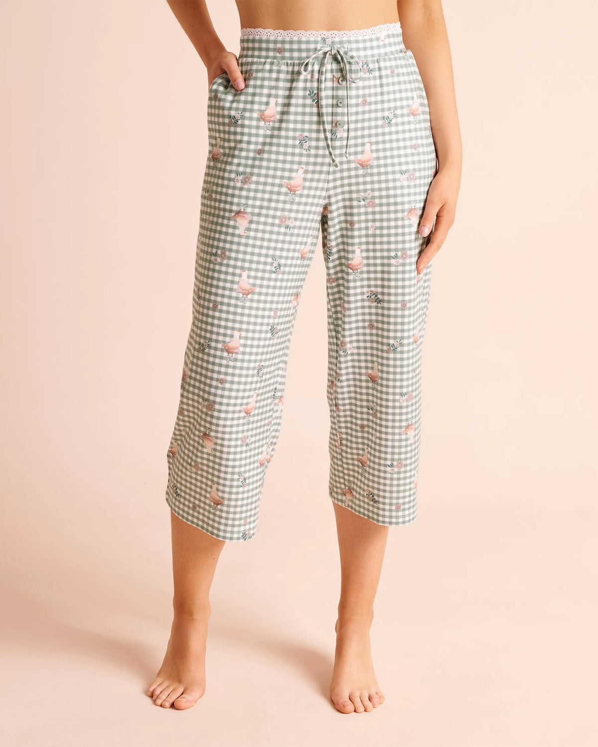 La Vie en Rose Green Milieu Gingham Chickens Women Chicken Gingham Print Super Soft Pajama Capris SKU: 40200891_P30168 Image 01