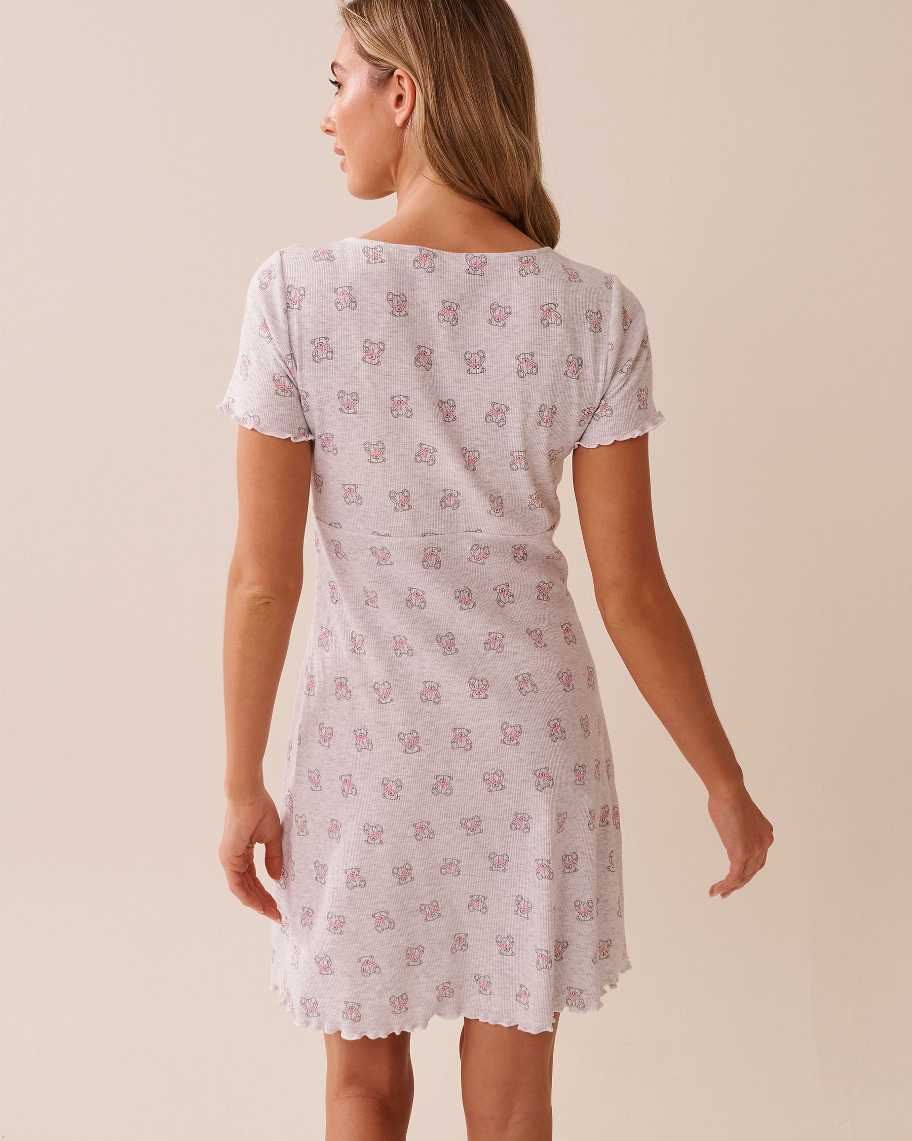 La Vie en Rose_Comfy Light Grey Mix Cowbears_Teddy Bear Print Ribbed Short Sleeve Sleepshirt_40500439_P00433_02