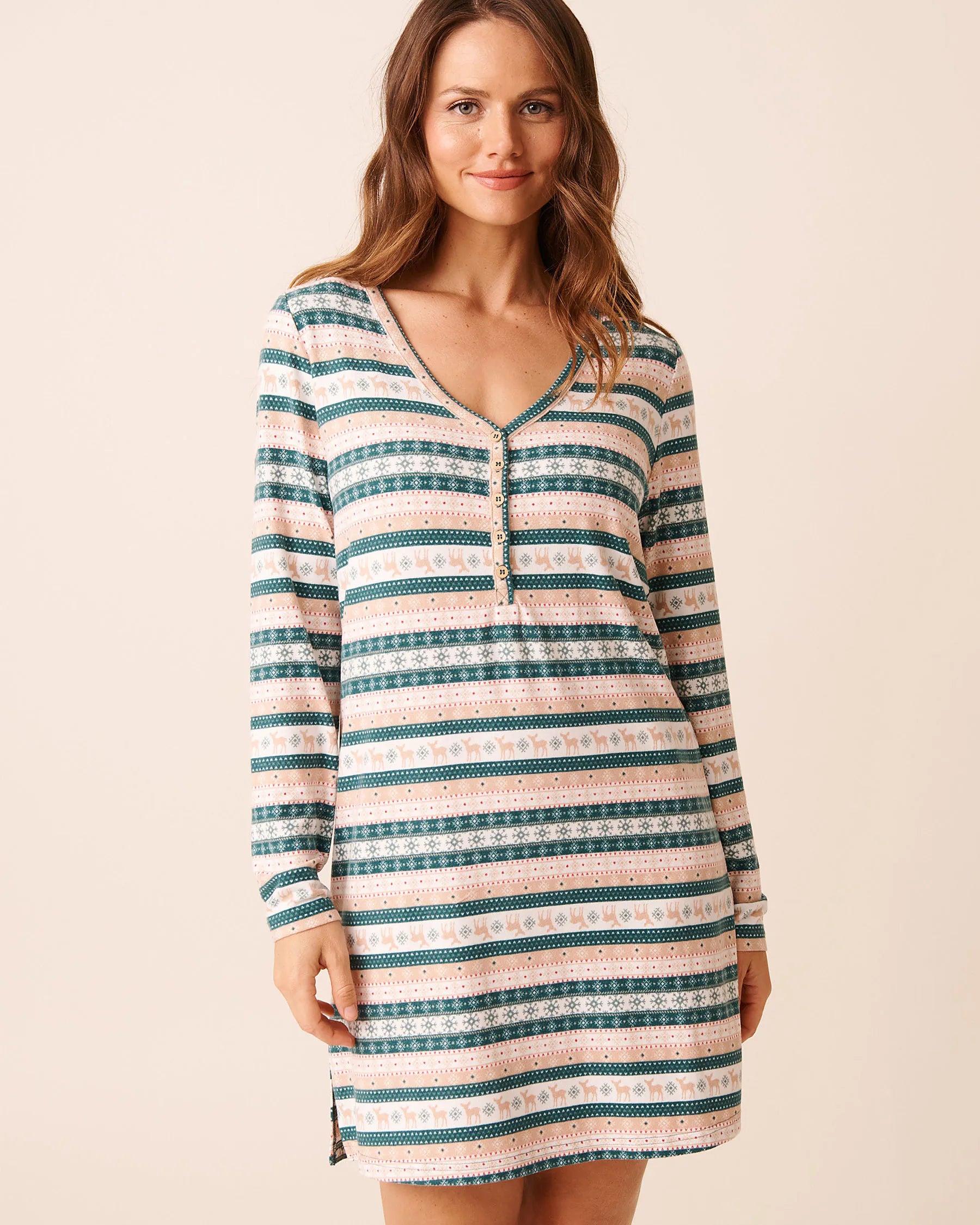 La Vie en Rose_Botanical Garden Deer Stripe_Deer Print Recycled Fibers Long Sleeve Sleepshirt_40500456_P30133_01