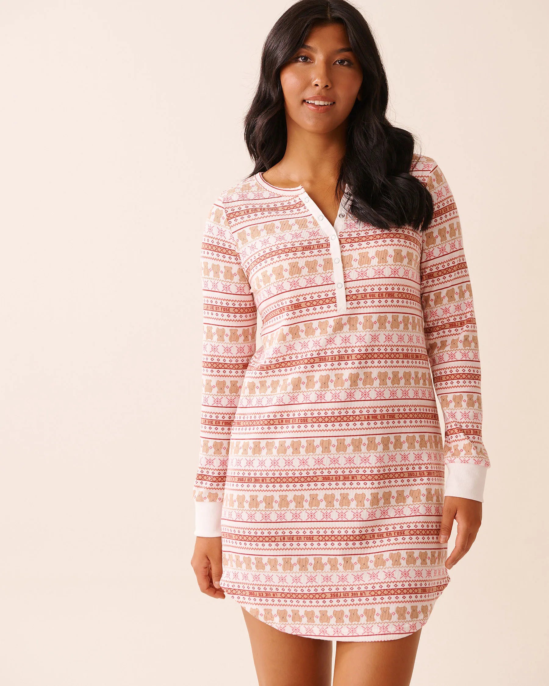 La Vie en Rose_Teddy Bear Nordic_Teddy Bear Print Waffle Knit Long Sleeve Sleepshirt_40500458_P10557_01