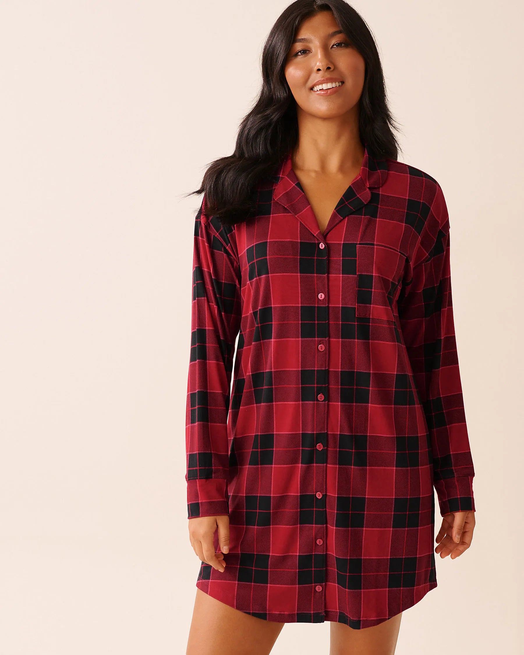 La Vie en Rose_Savvy Red Buffalo Plaid_Buffalo Plaid Super Soft Button-Down Sleepshirt_40500461_P60428_01