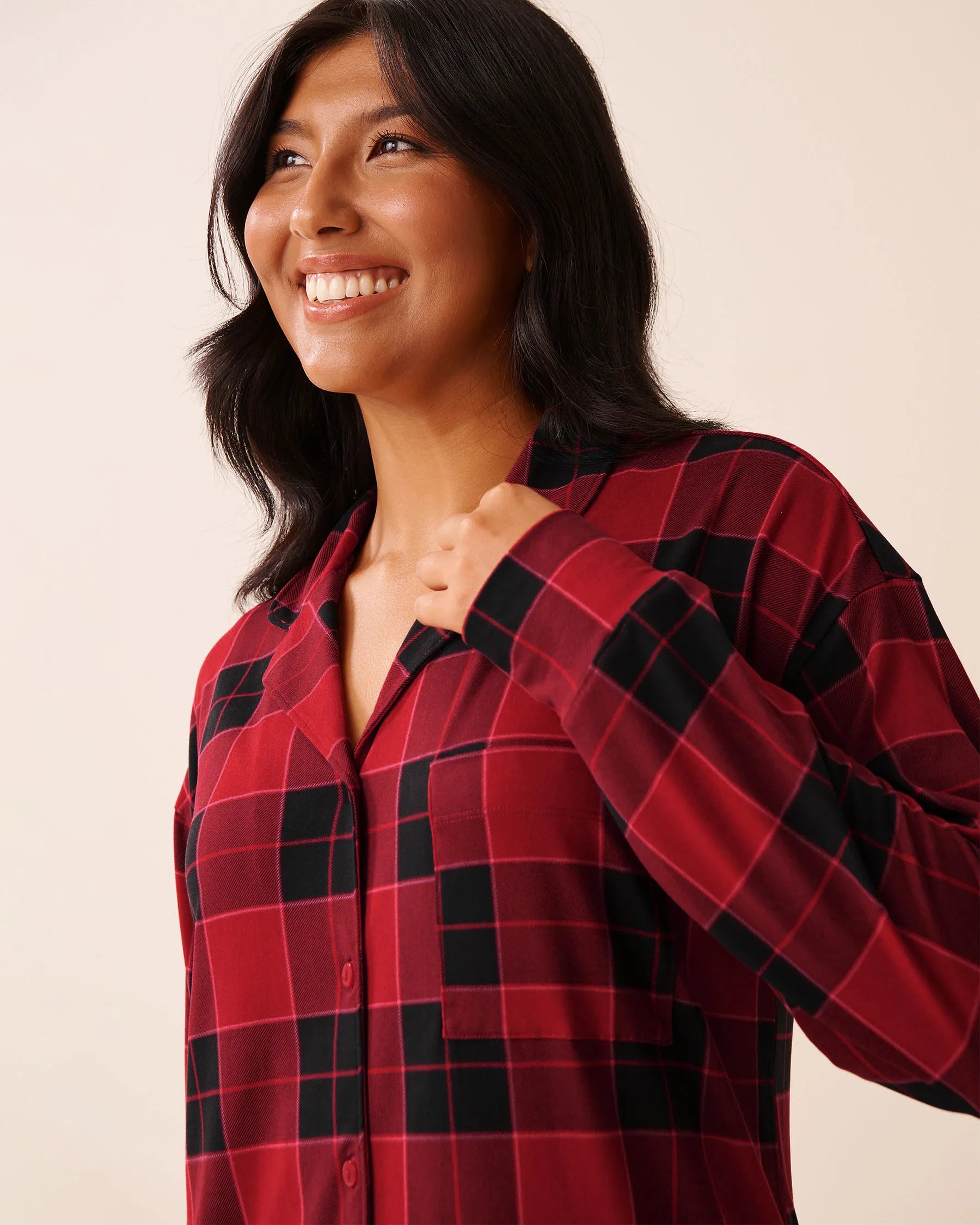 La Vie en Rose_Savvy Red Buffalo Plaid_Buffalo Plaid Super Soft Button-Down Sleepshirt_40500461_P60428_03