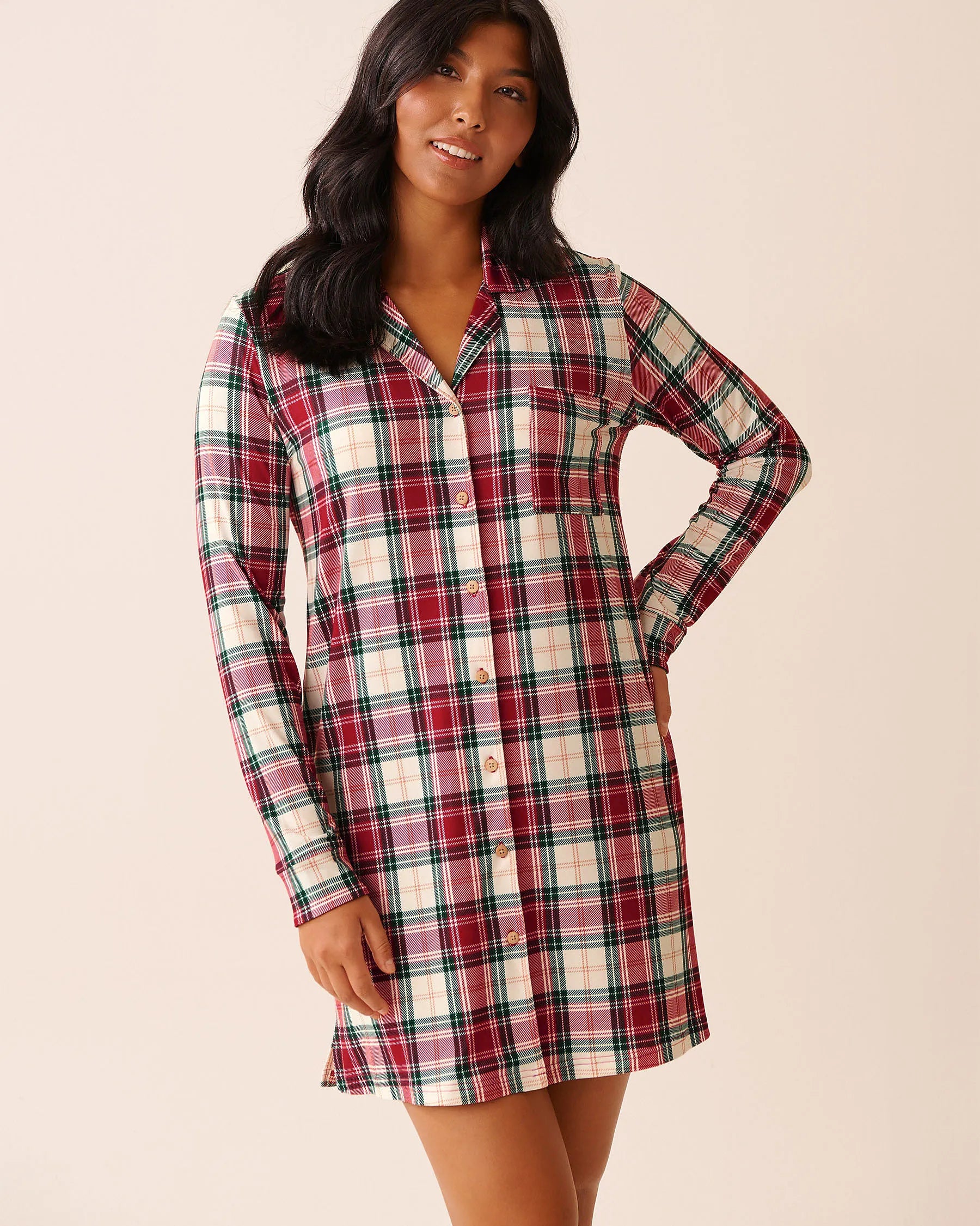 La Vie en Rose_Savvy Red Green Plaid_Red Plaid Super Soft Button-Down Sleepshirt_40500465_P60430_01