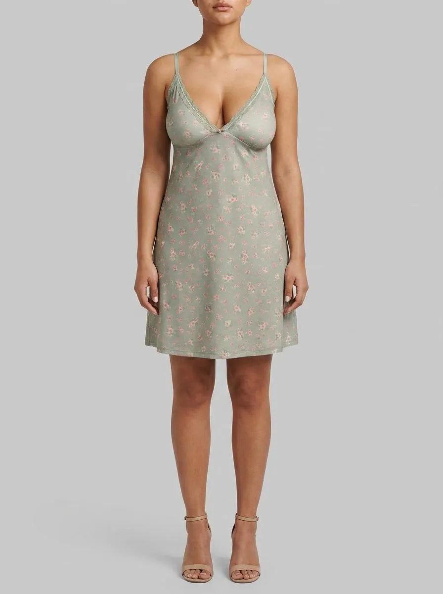 La Vie en Rose Mineral Gray Floral Women Cherry Blossom Print Lace Trim Super Soft Nightie SKU: 40500478_P30142 Image 00