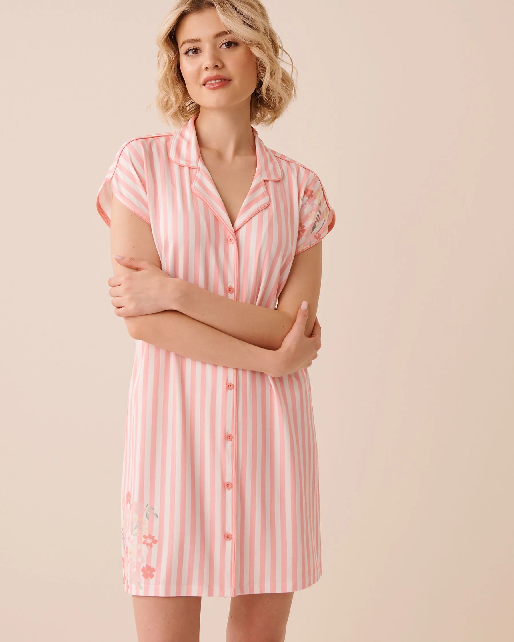 La Vie en Rose Pink Icing Placement Women Floral Stripe Print Super Soft Button-down Sleepsh SKU: 40500482_P60473 Image 01