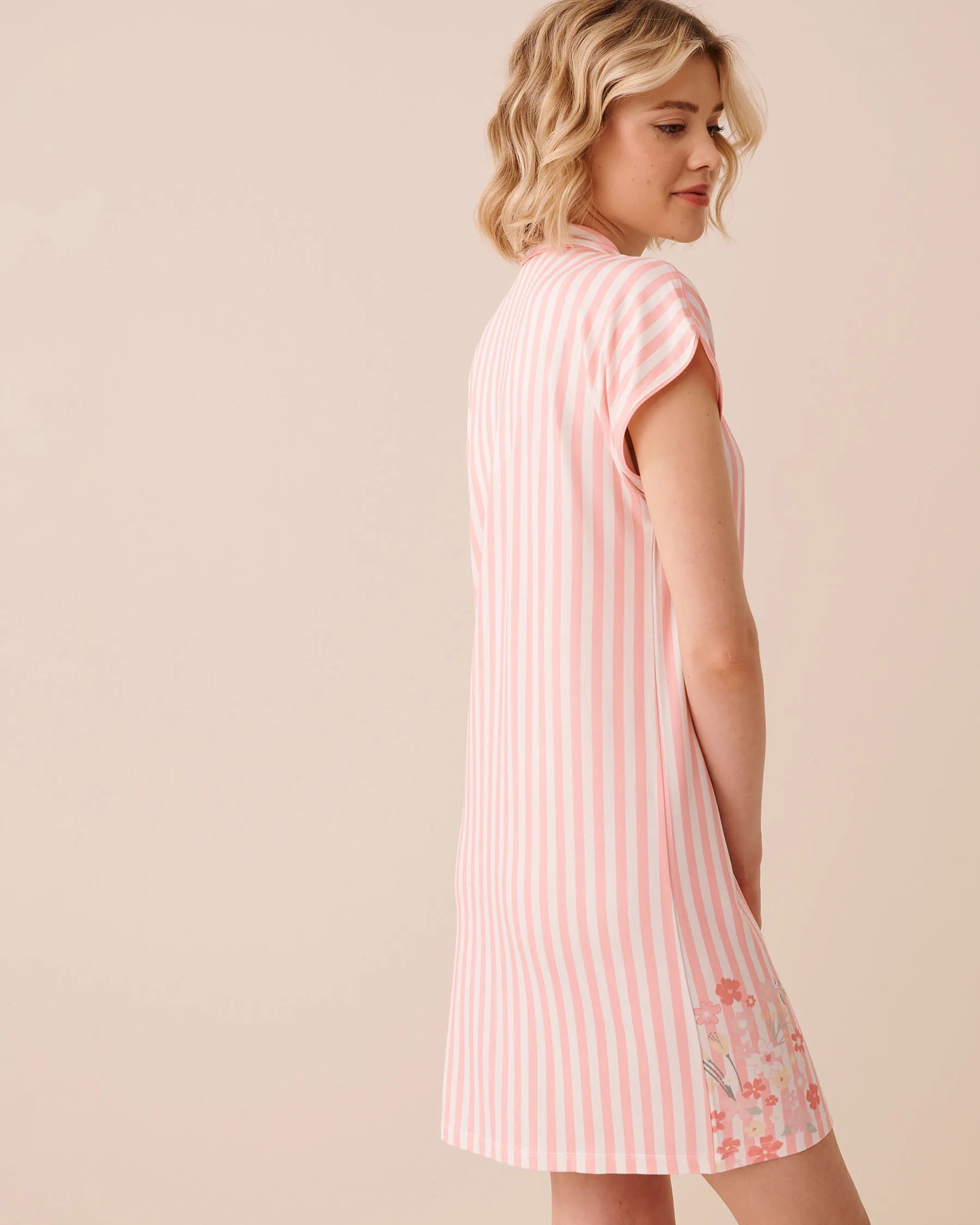 La Vie en Rose Pink Icing Placement Women Floral Stripe Print Super Soft Button-down Sleepsh SKU: 40500482_P60473 Image 02