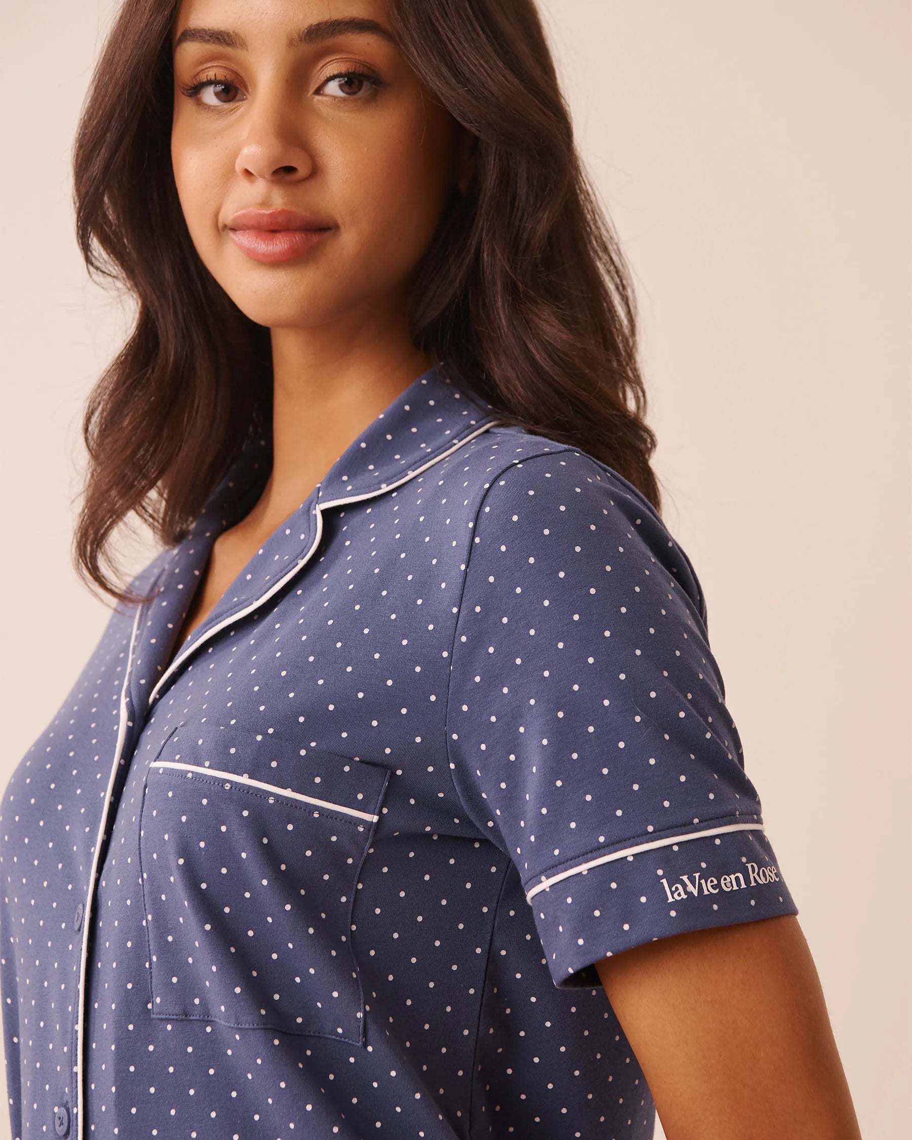 La Vie en Rose Crown Blue Dot Women Cotton Button-Down Sleepshirt SKU: 40500490_P40574 Image 03