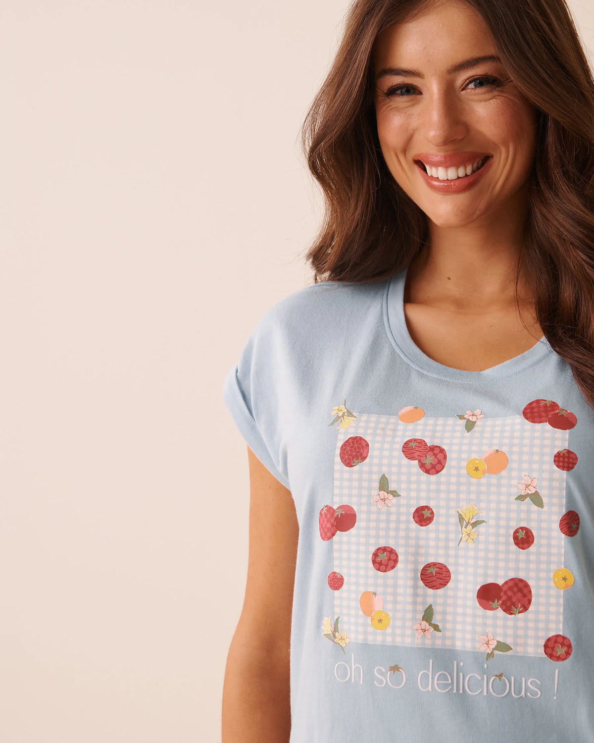 La Vie en Rose Subdued Blue Women Tomato Print Cotton Short Sleeve Sleepshirt SKU: 40500501_40308 Image 03