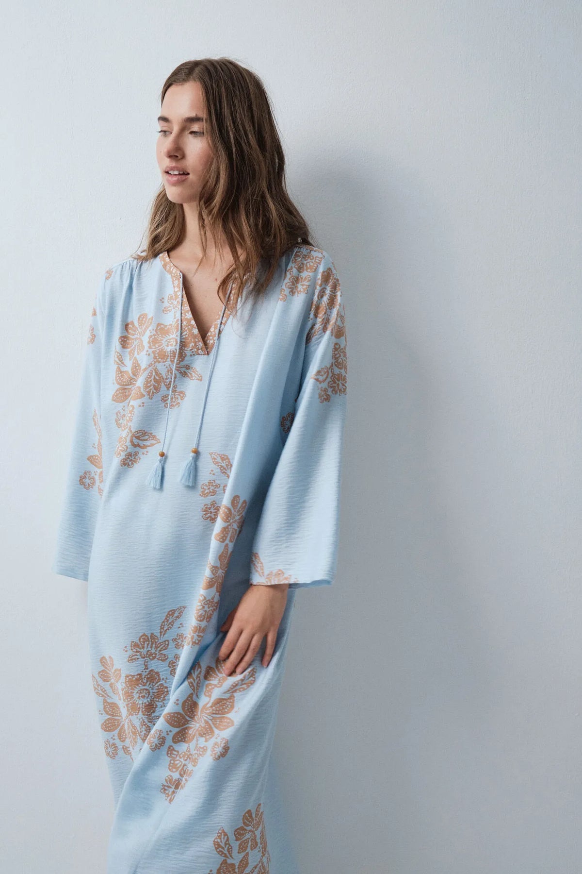 Women Secret Light Blue Women Blue Floral Print Viscose Kaftan Dress SKU: 4364644_16 Image 03
