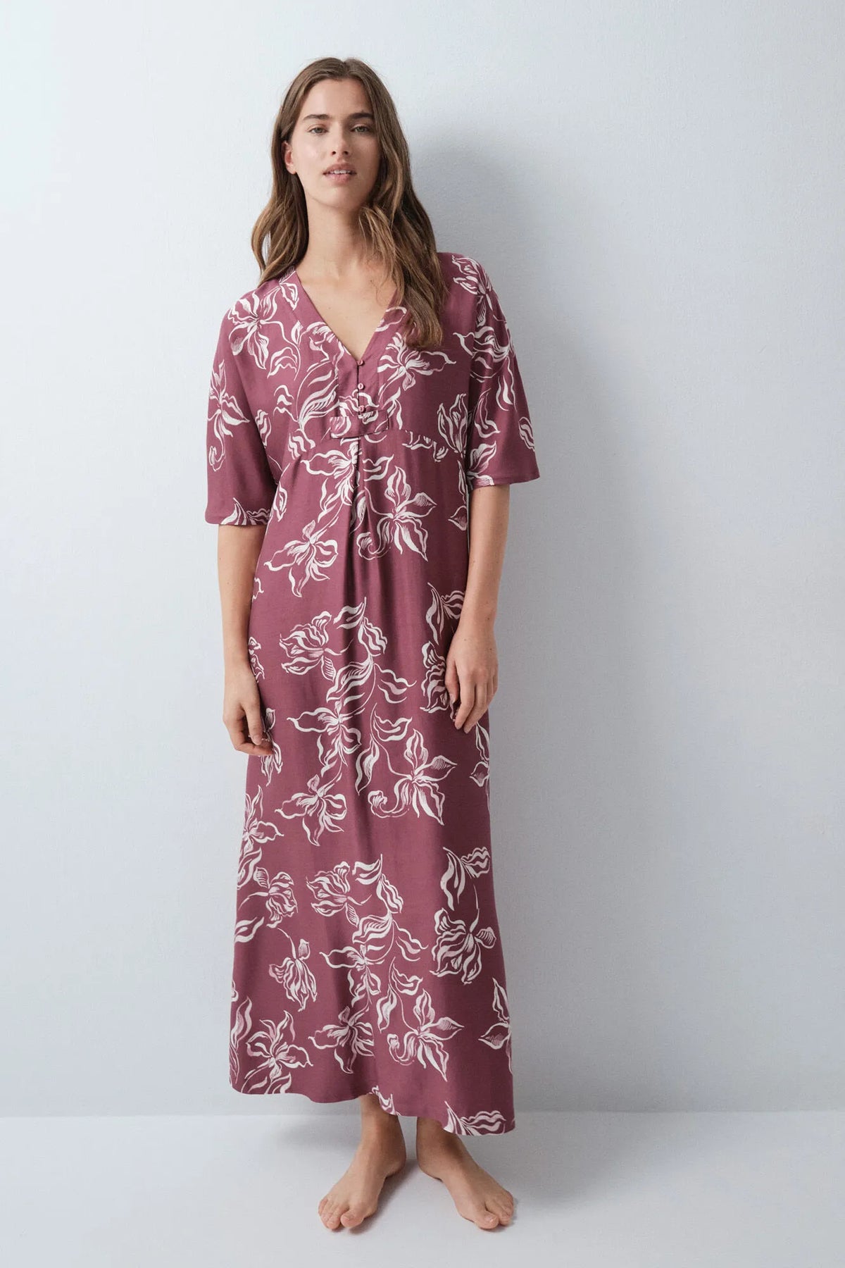 Women Secret Maroon Women Burgundy Floral Kaftan Long Nightgown SKU: 4364655_69 Image 03