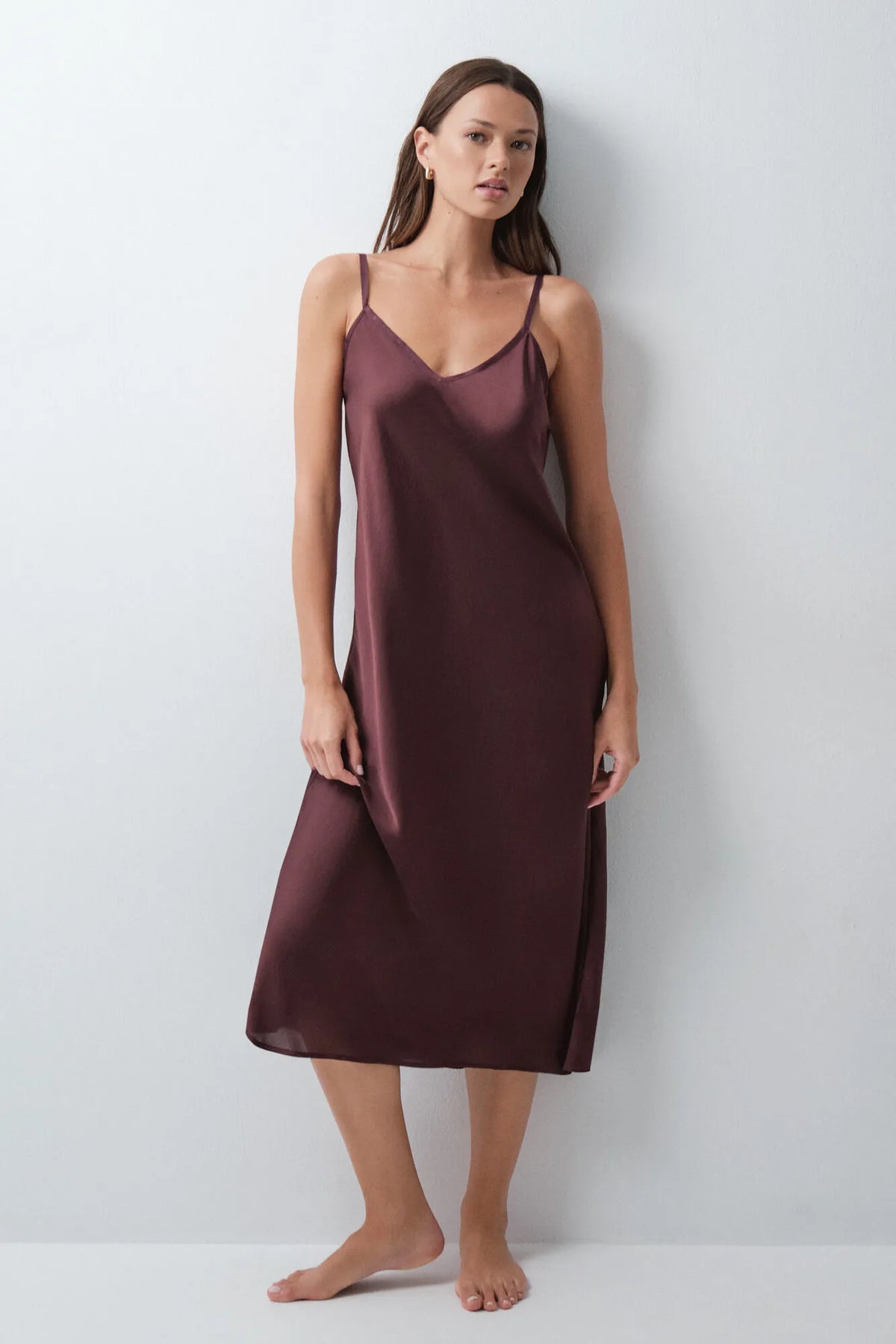 Women Secret Wine Women Burgundy Satin-Finish Long Nightgown SKU: 4364669_68 Image 03
