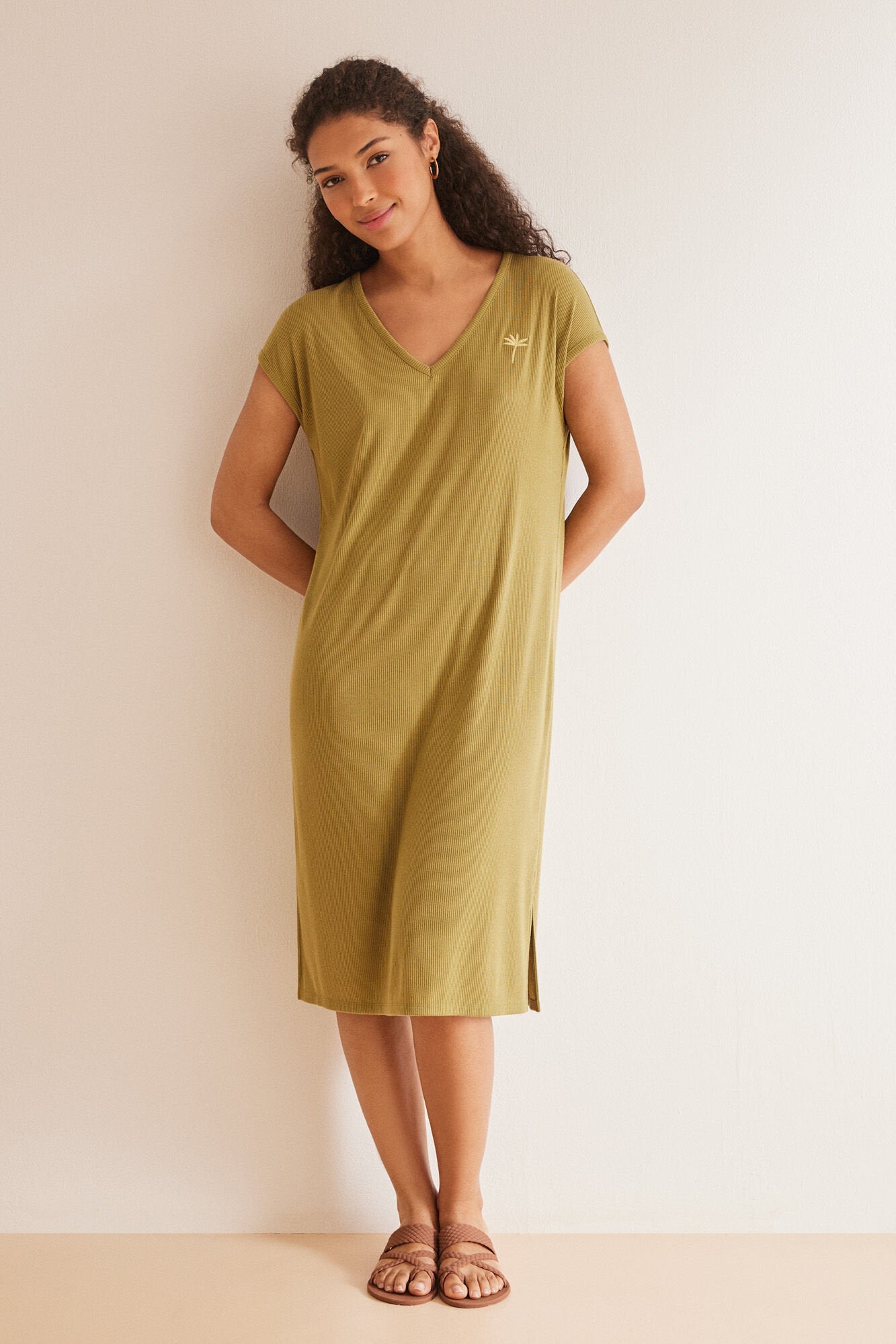 Light Khaki Short Sleeves Short Nightdress_4367481_93_02