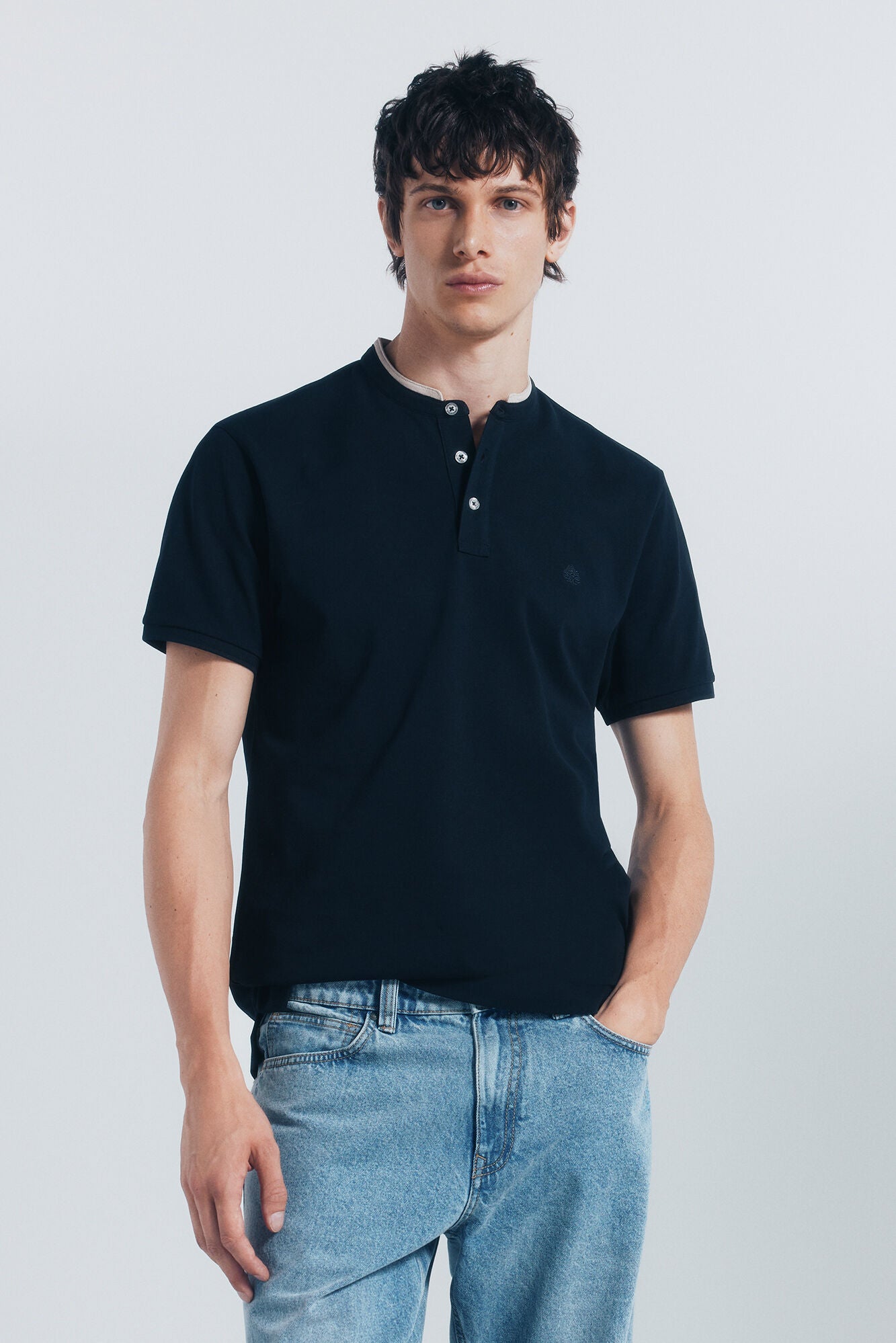 Springfield_Blue_Slim Fit Mandarin Collar PiquŽ Polo Shirt_4402324_10_01