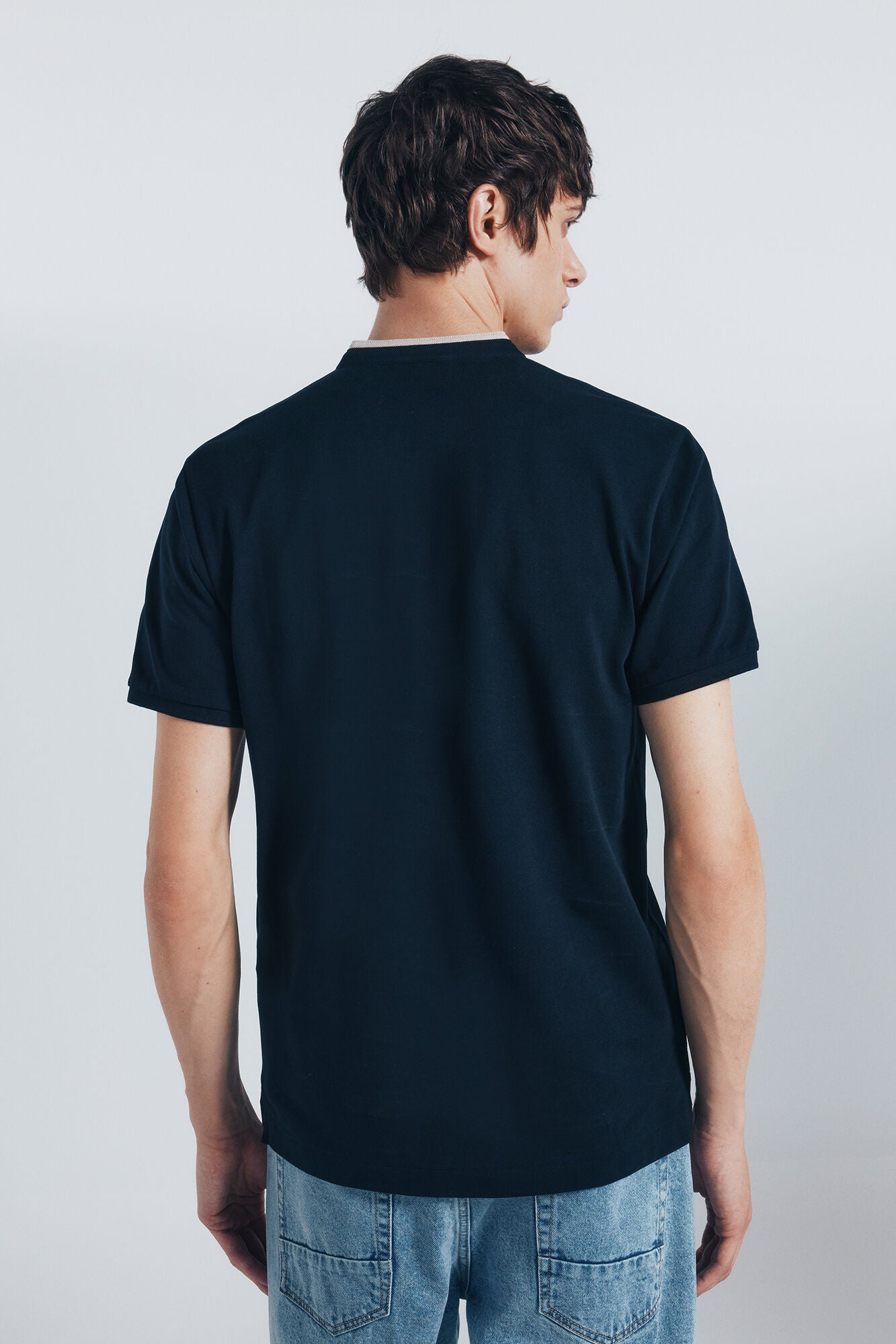 Springfield_Blue_Slim Fit Mandarin Collar PiquŽ Polo Shirt_4402324_10_04