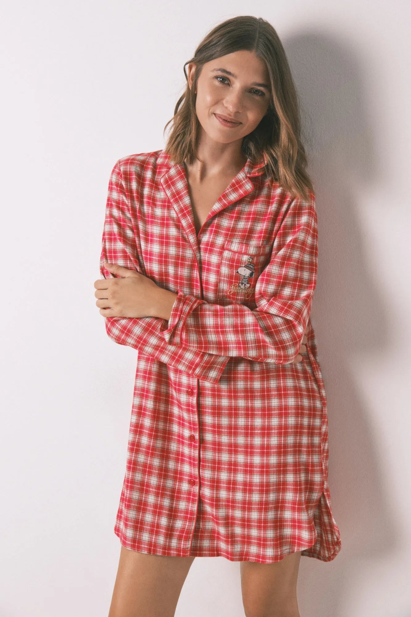 Women Secret_Red/Coral_Short Nightgown with Snoopy Checkered Print_4442120_62_03