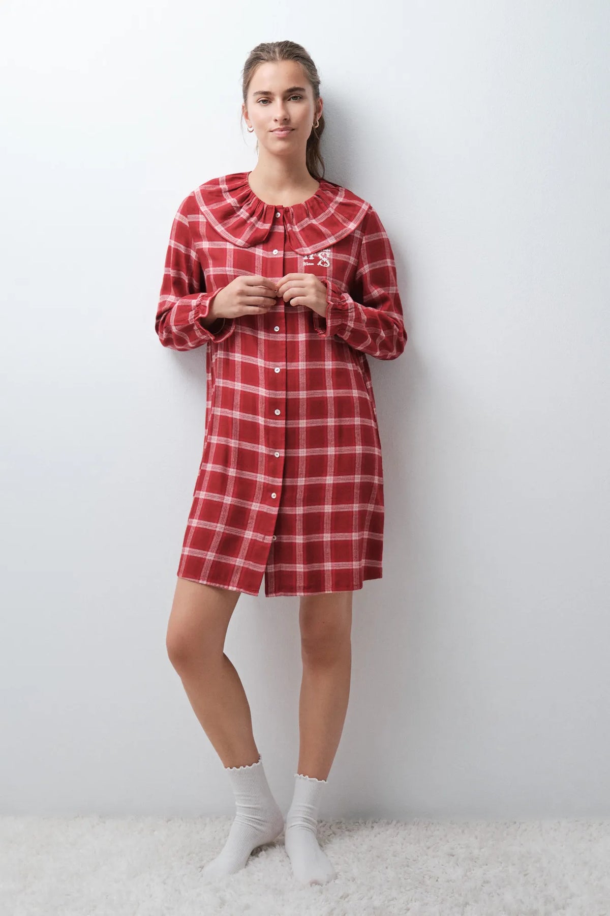 Women Secret Red Print Women Plaid Short Nightgown with Peter Pan Collar SKU: 4444833_59 Image 02