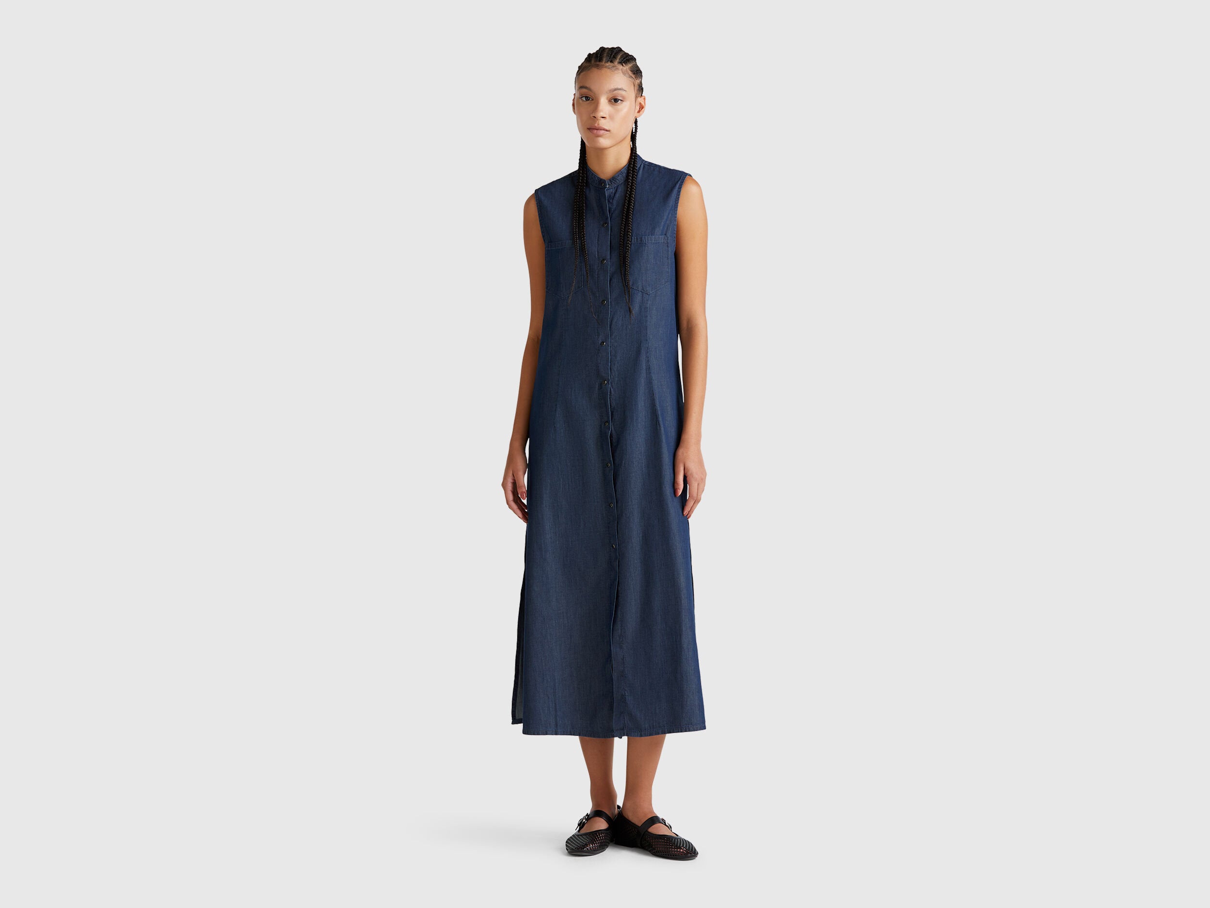 Benetton_Sleeveless Shirt Dress in Chambray_44KCDV0BH_901_01