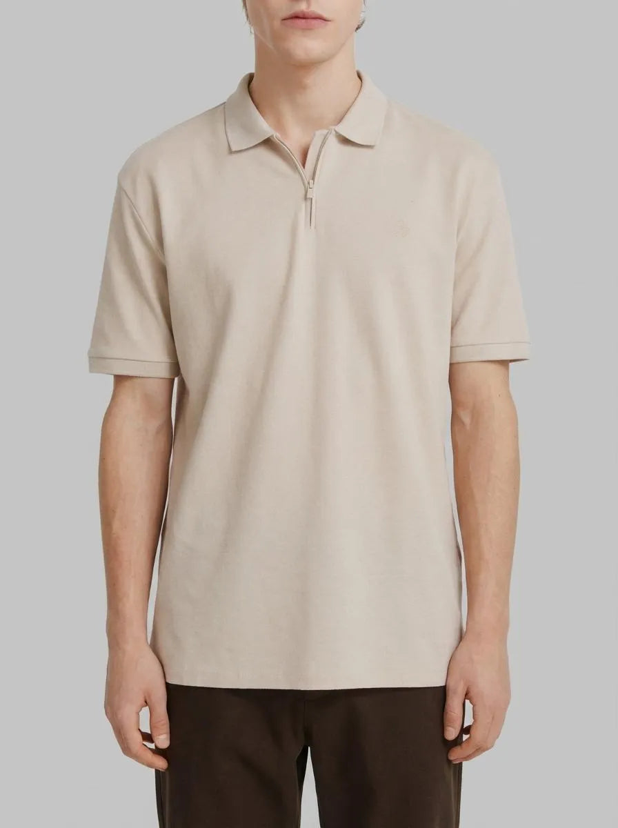 Springfield Beige Men PiquŽ Zip Regular Fit Polo Shirt SKU: 4583288_38 Image 00