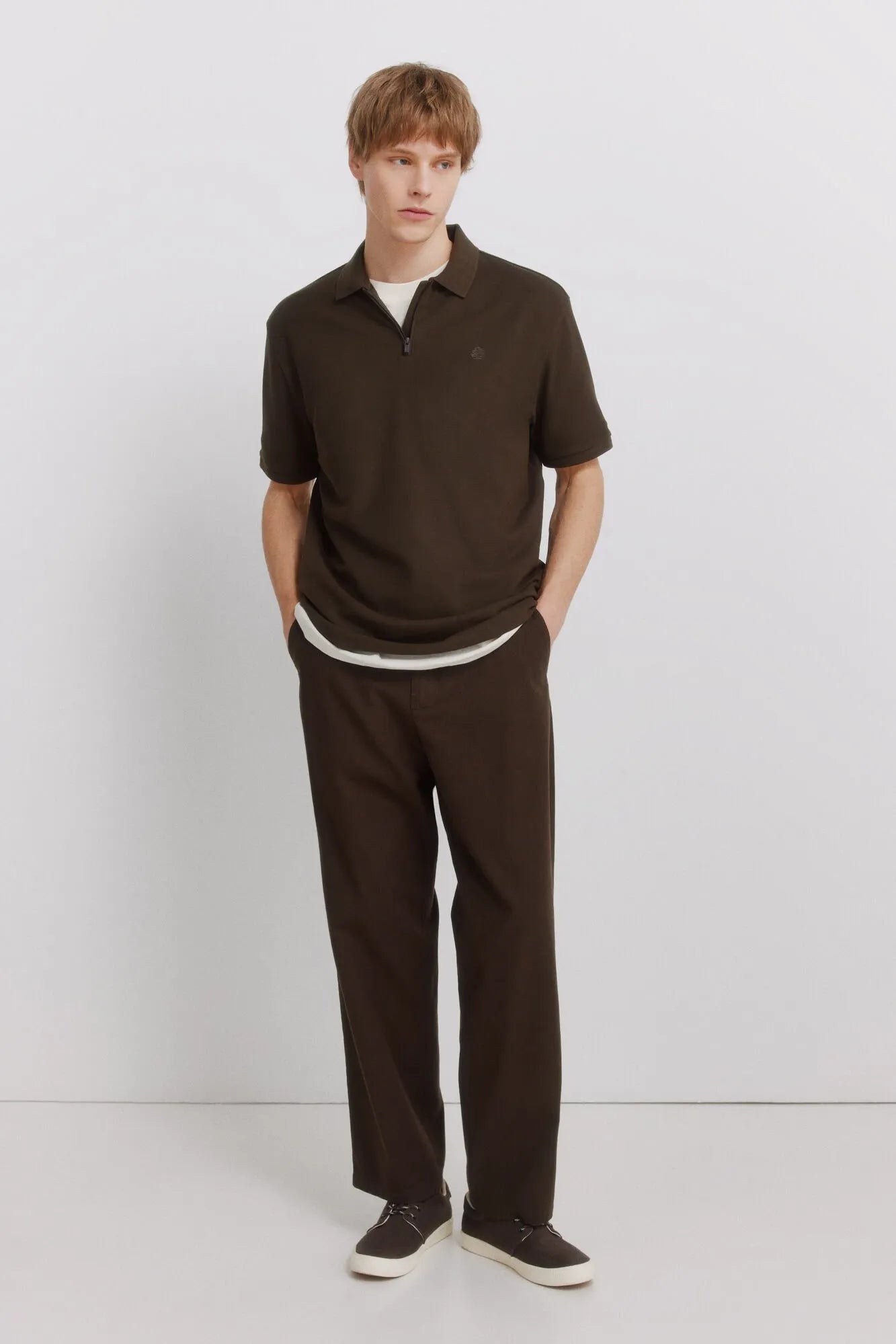 Springfield Brown Men PiquŽ Zip Regular Fit Polo Shirt SKU: 4583288_39 Image 02