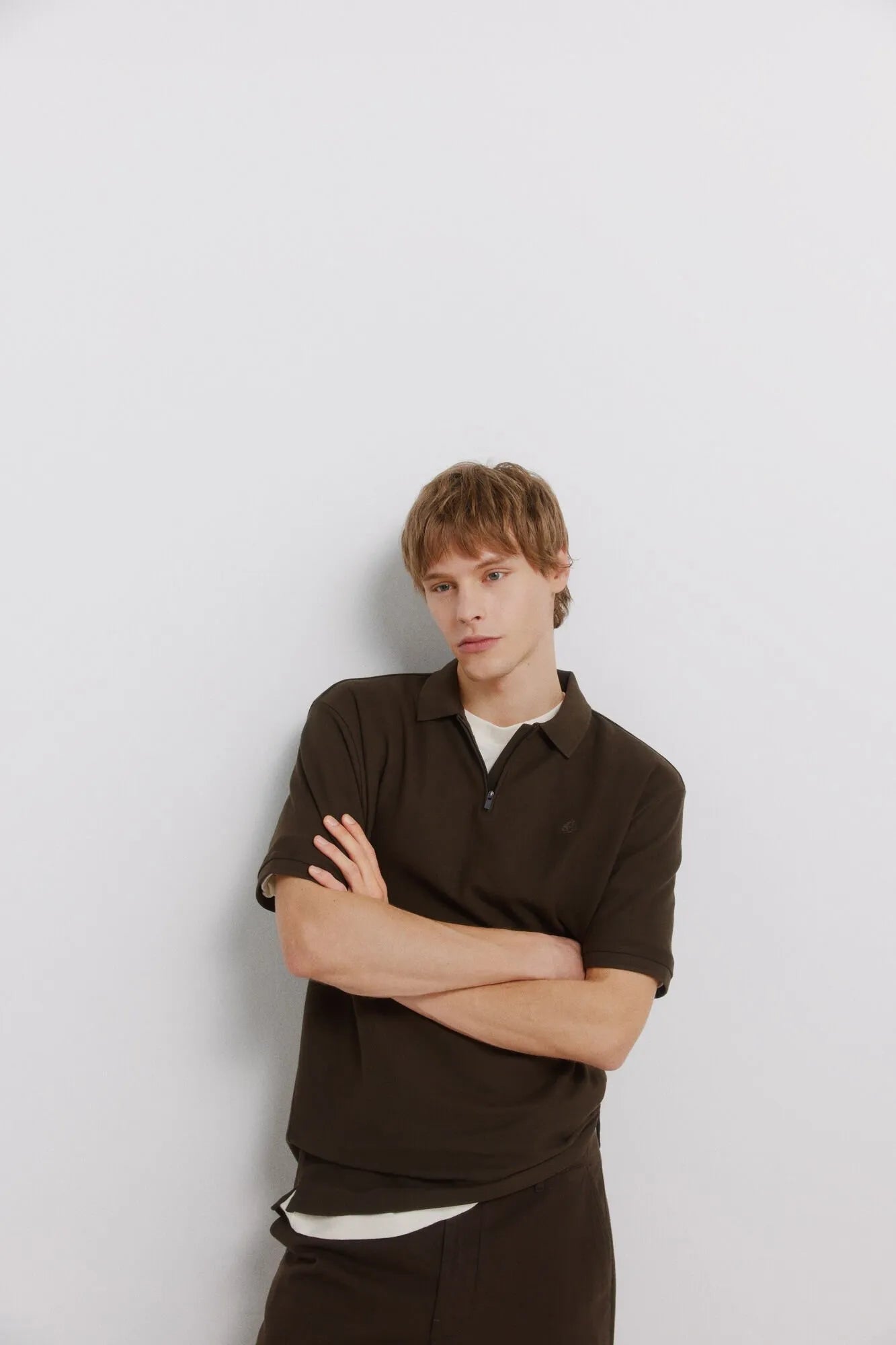 Springfield Brown Men PiquŽ Zip Regular Fit Polo Shirt SKU: 4583288_39 Image 05