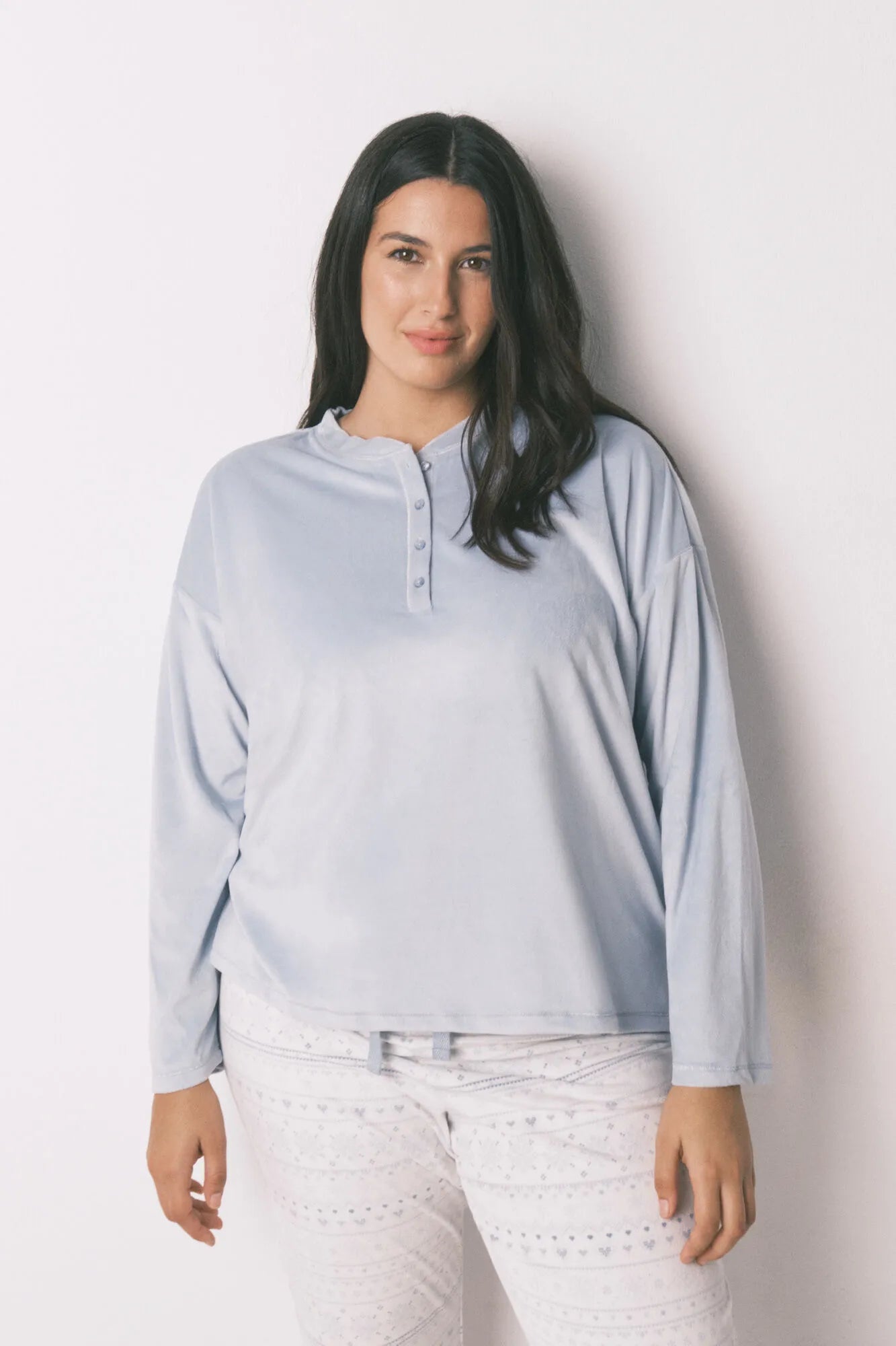 Women Secret_Medium Blue_Soft Blue Fleece Long Pyjamas with Border Print_4752549_13_02