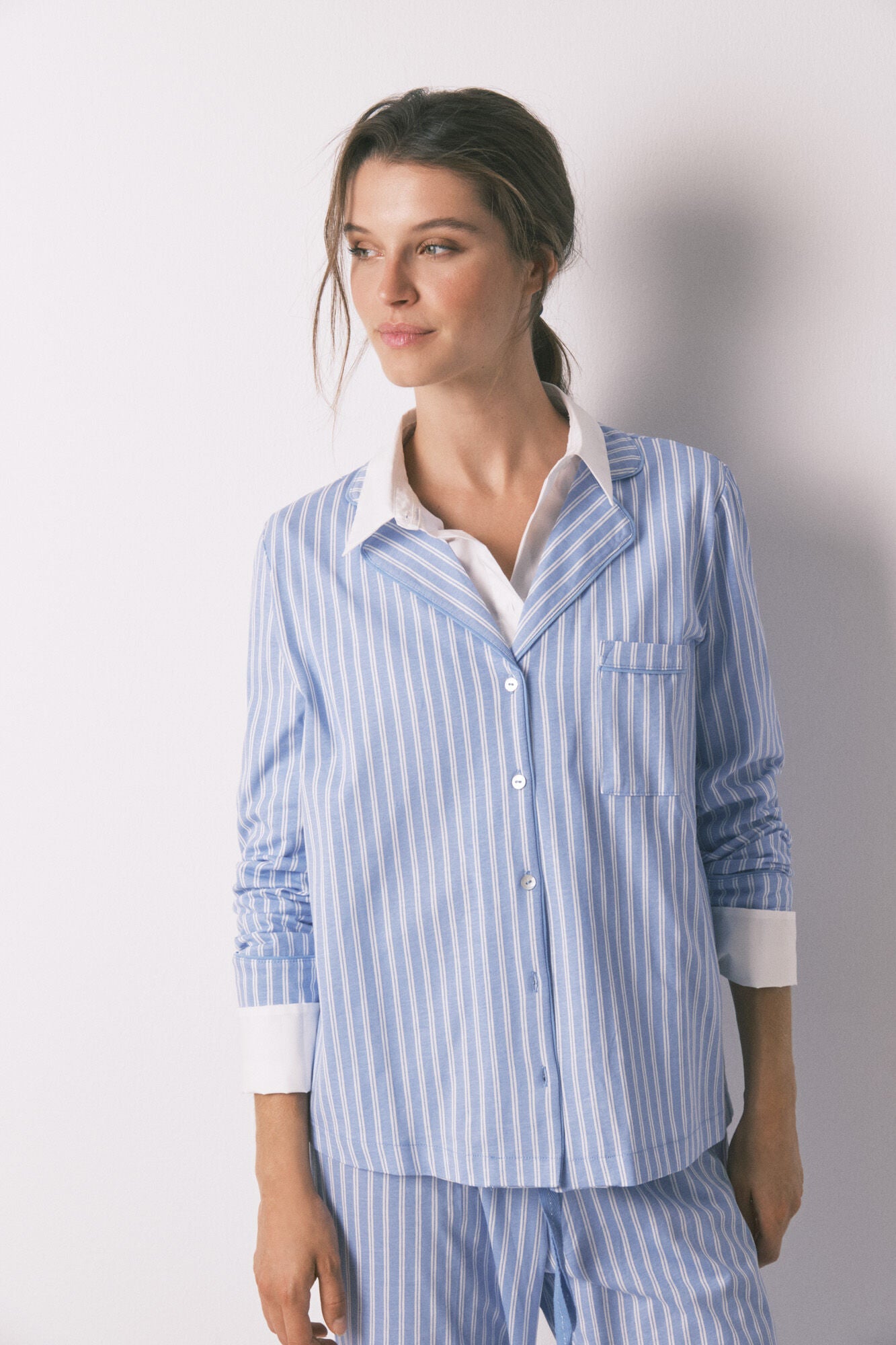 Women Secret_Medium Blue_Long 100% Cotton Blue Striped Classic Pyjamas_4852094_15_02