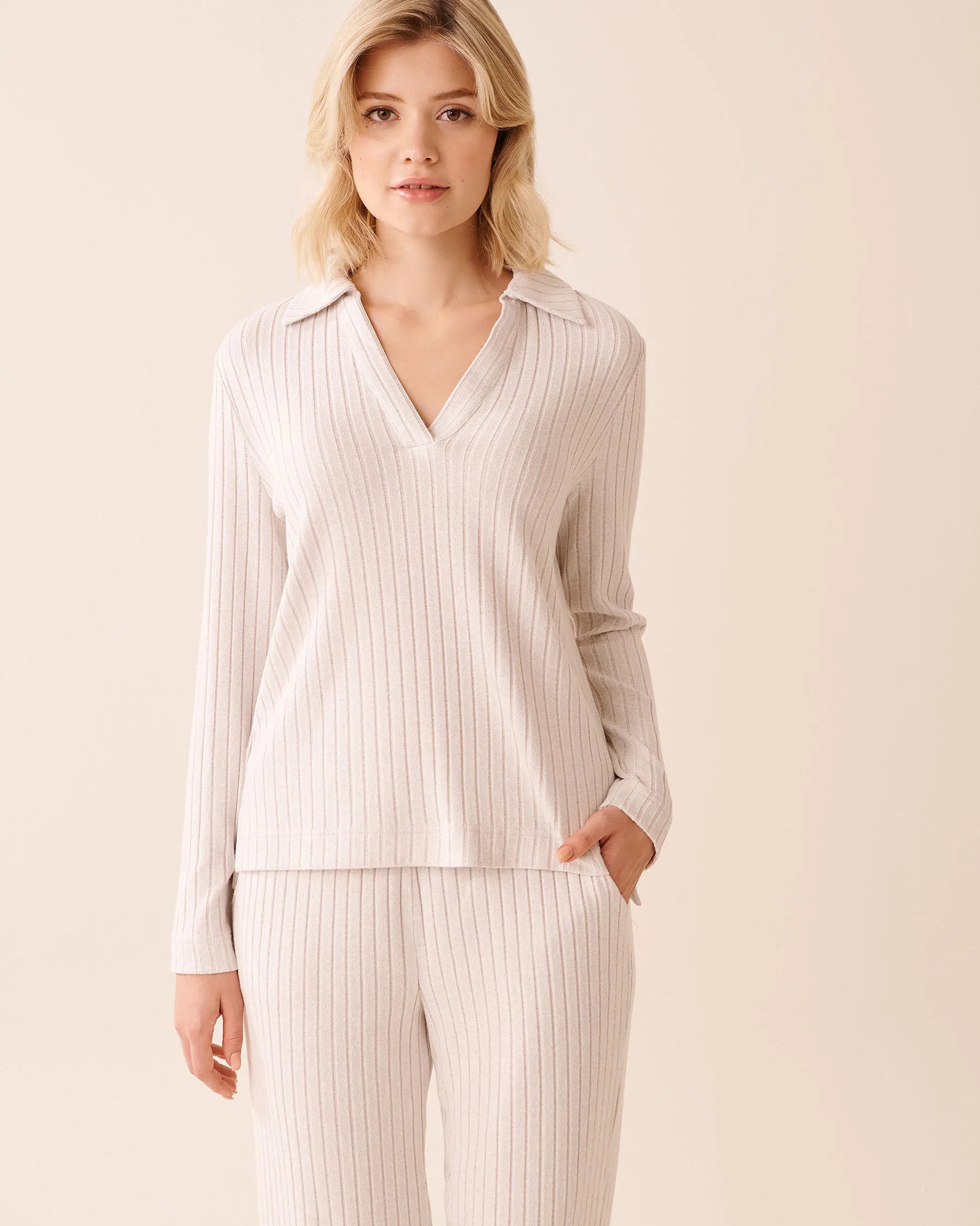 La Vie en Rose_Beige Mix_Ribbed Long Sleeve Shirt_50100116_20079_01