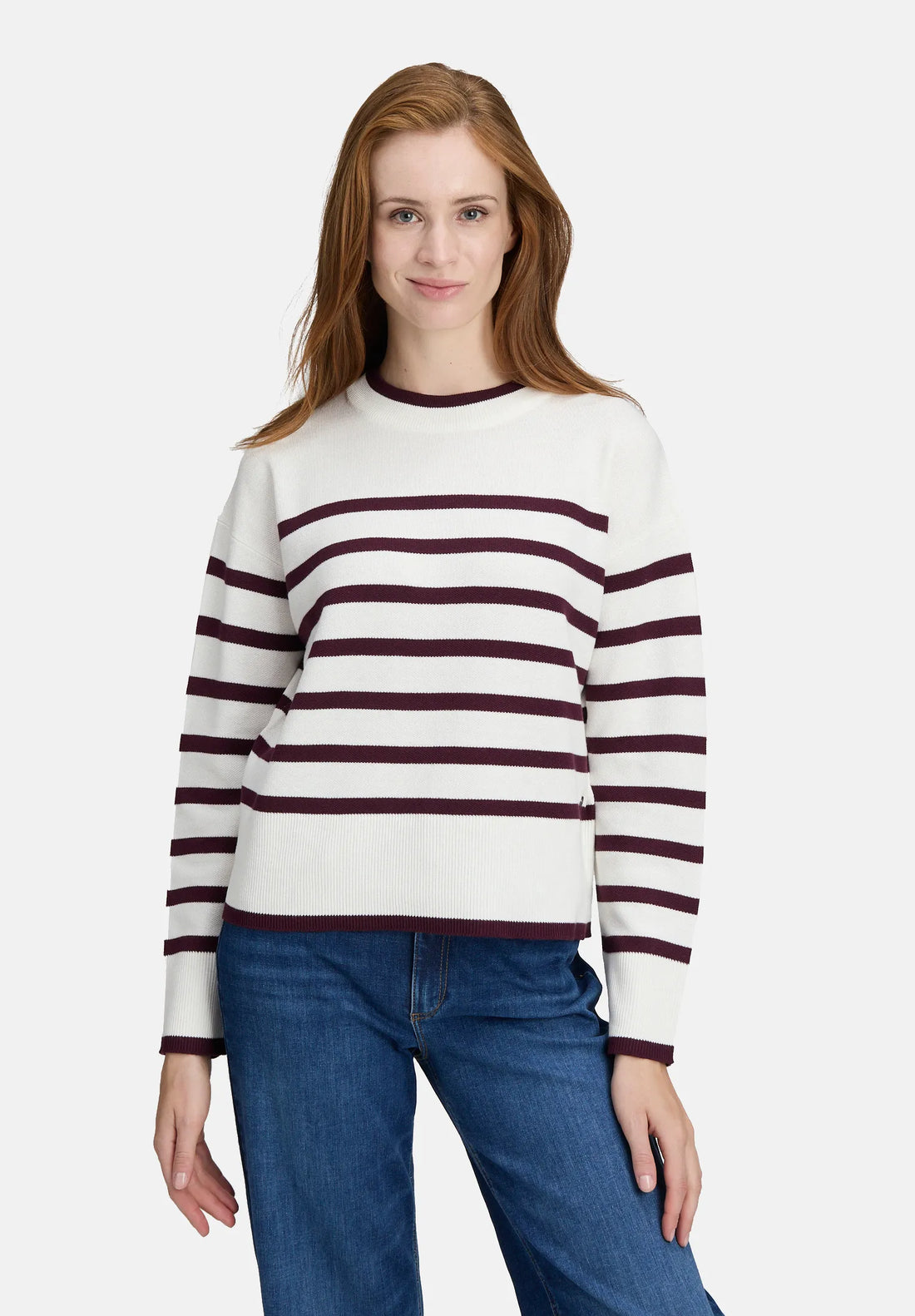 Betty Barclay_Cream/Dark Red_Knitted Sweater with Stripes_5934-3218_1847_02