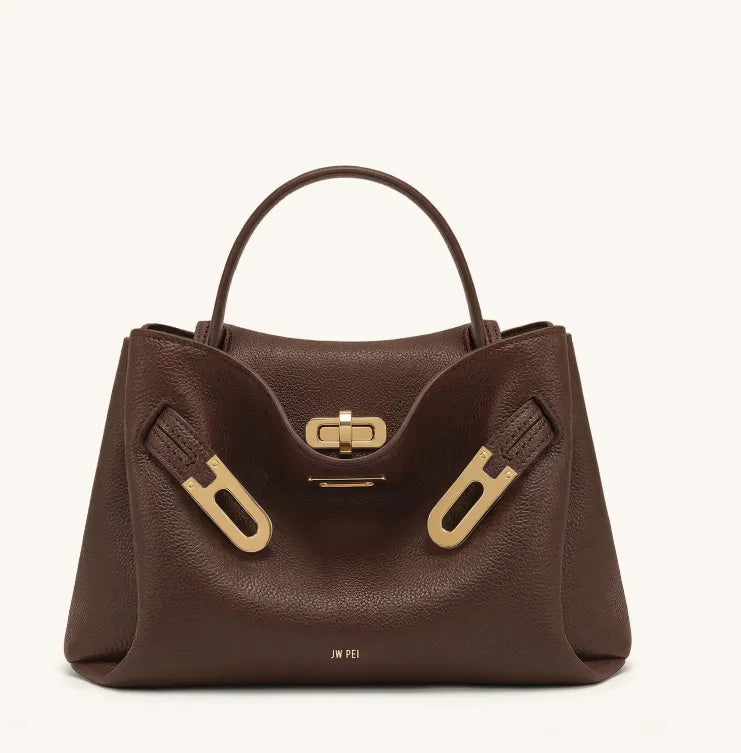 JW Pei Chocolate Brown Women Rhea Small Pebbled Double Buckle Shoulder Bag SKU: 5S402X002-3_Chocolate Brown Image 01