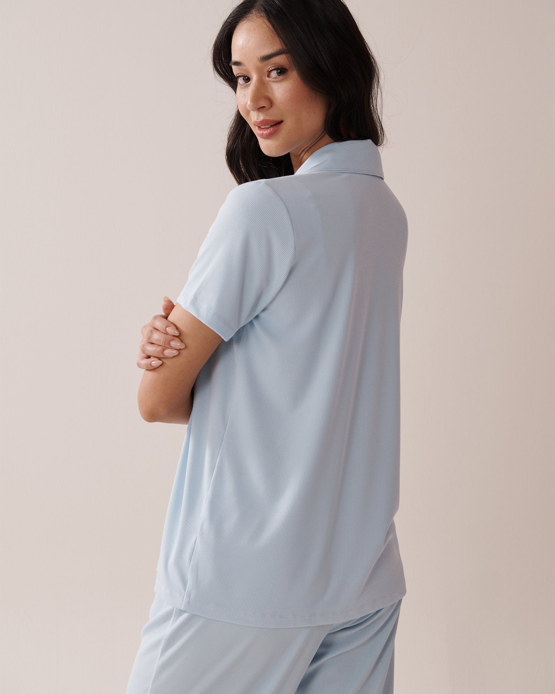 La Vie en Rose_Ribbed Modal Button-Down Shirt_60100128_40104_02