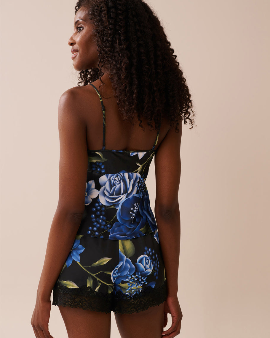 La Vie en Rose_Black & Blue Garden_LUXURY EDITION Rose Print Satin and Lace Trim Open Front Cami_60100142_P00430_03