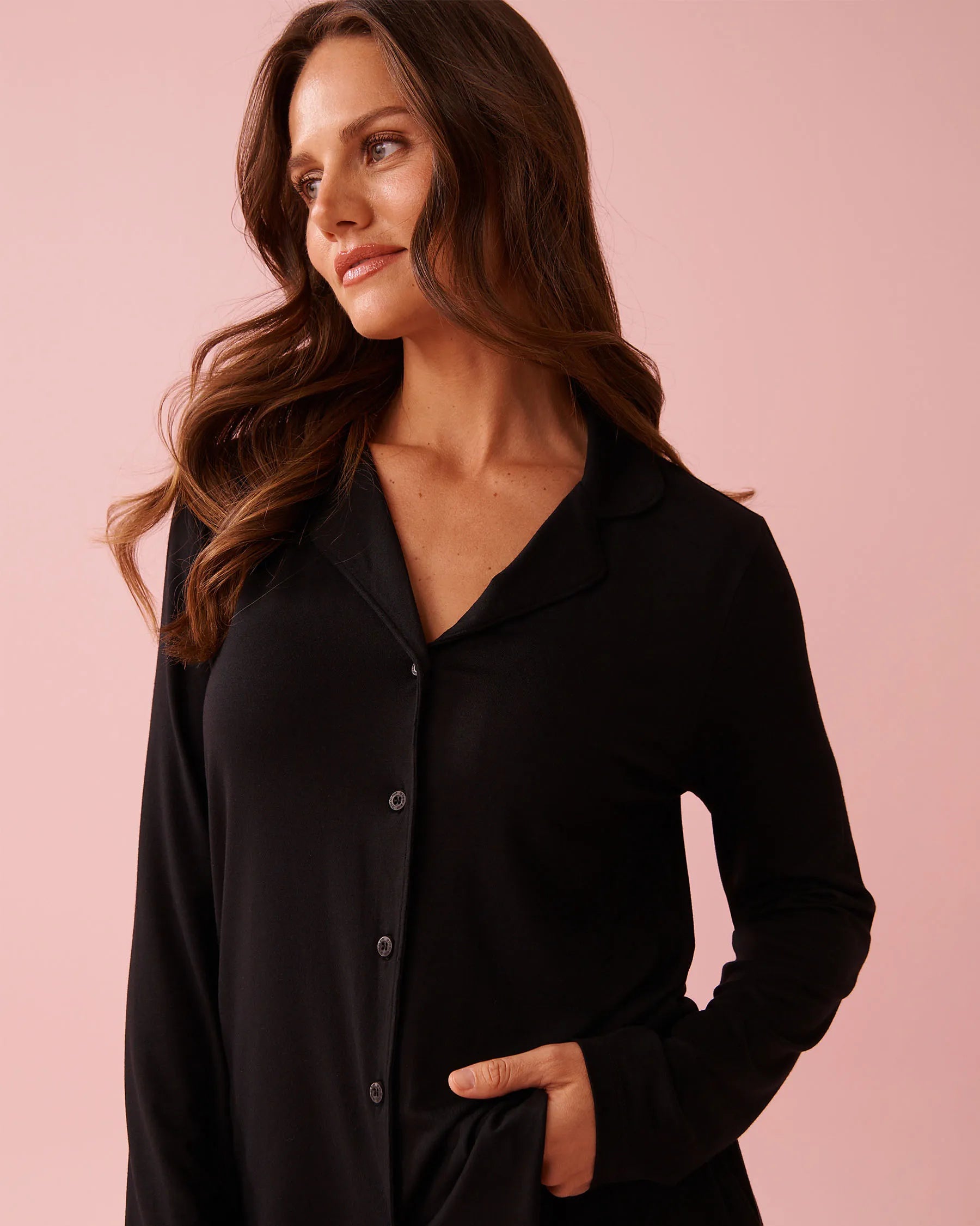 La Vie en Rose_Black Beauty_Modal Long Sleeve Button-down Shirt_60100179_00001_03