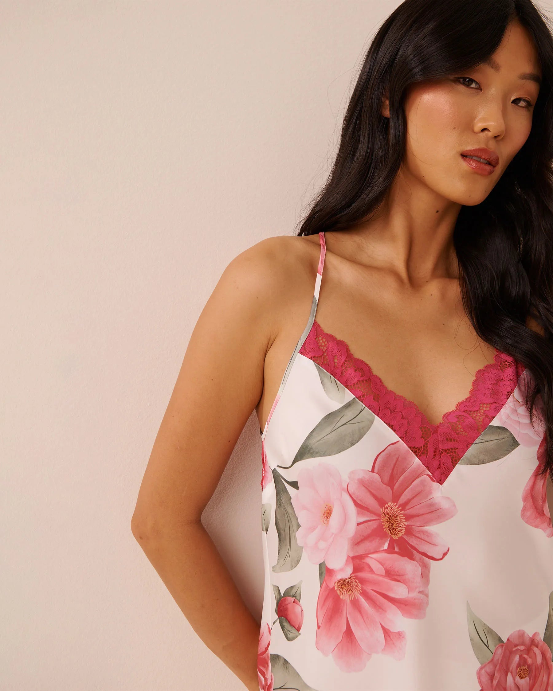 La Vie en Rose Snow White Flowers Women LUXURY EDITION Camellia Print Lace Trim Satin Cami SKU: 60100183_P10585 Image 03