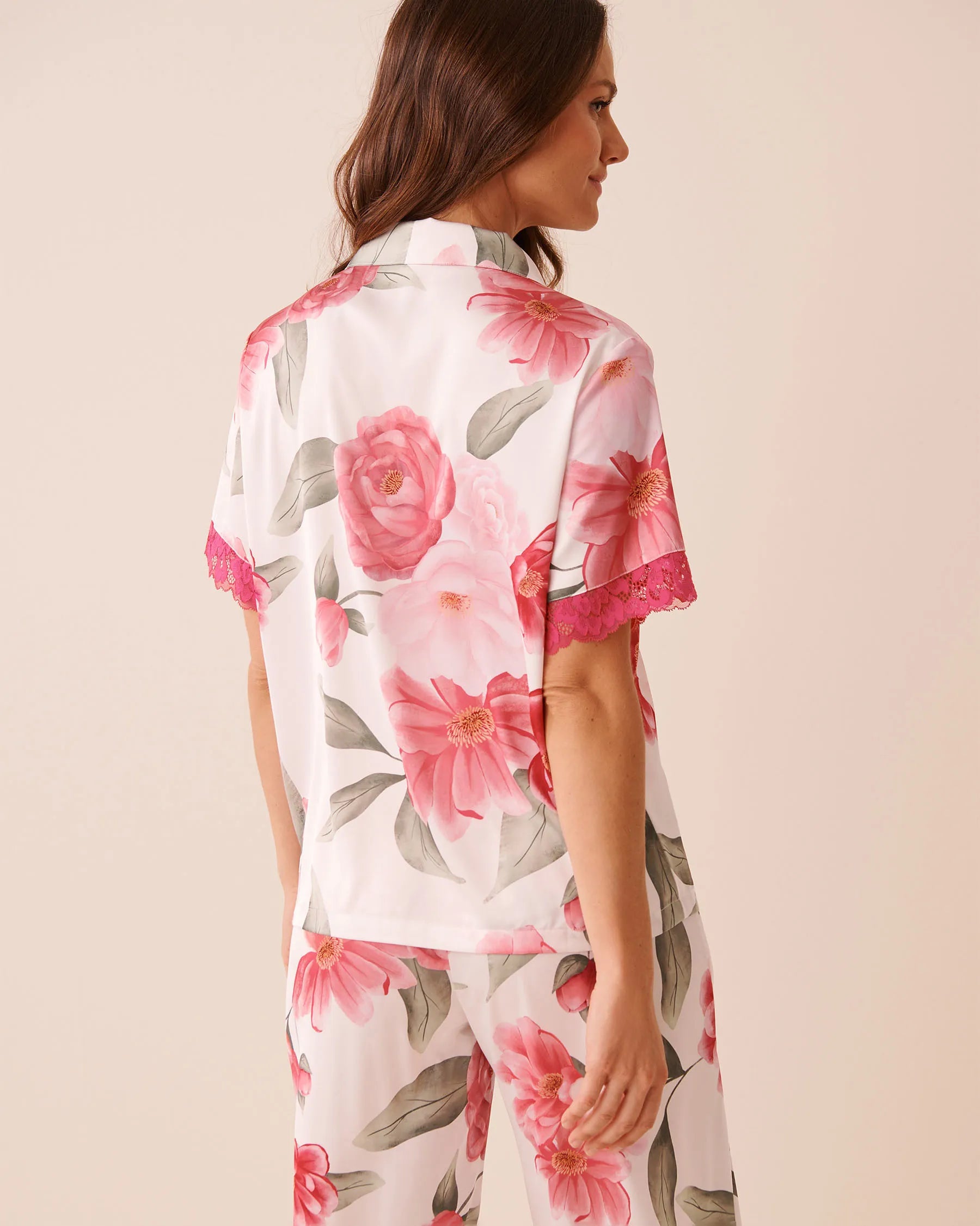 La Vie en Rose Snow White Flowers Women LUXURY EDITION Camellia Print Lace Trim Satin Button-down Shirt SKU: 60100184_P10585 Image 02