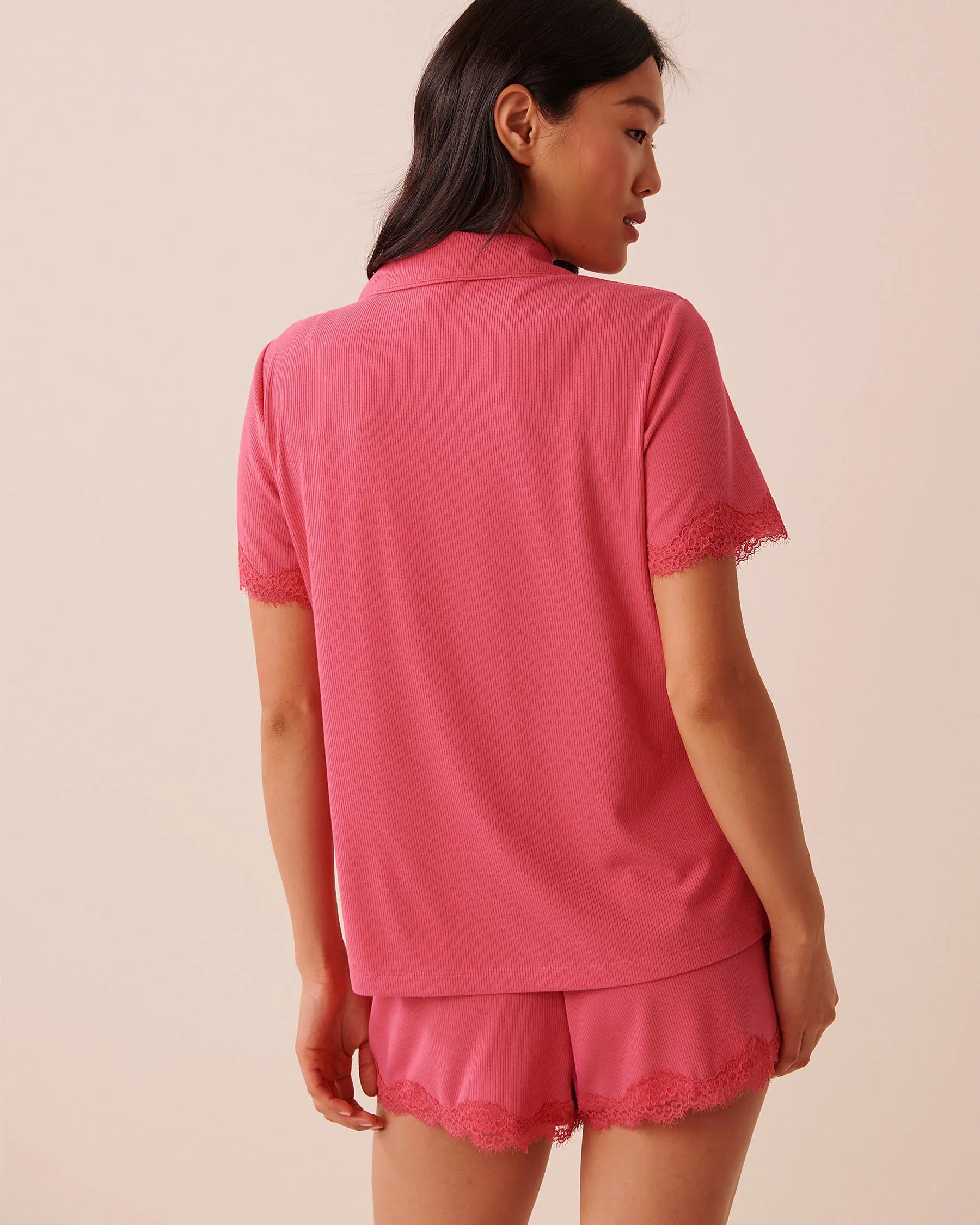 La Vie en Rose Party Punch Women Ribbed Modal and Lace Trim Button-down Shirt SKU: 60100187_60238 Image 02