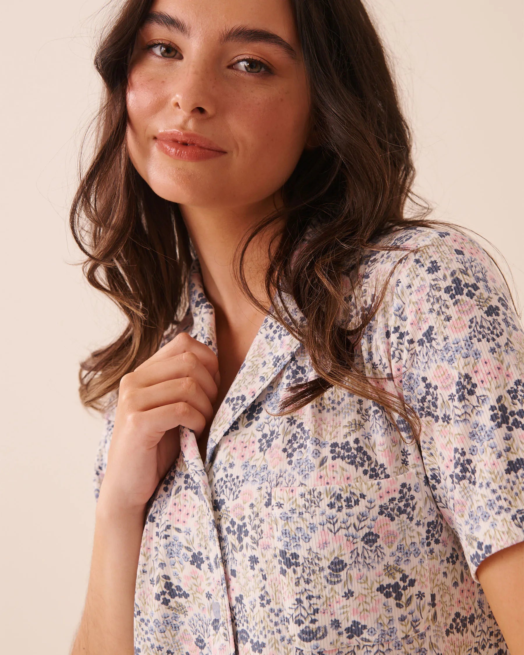 La Vie en Rose Blue Mix Ditsy Women Ribbed Modal Button-Down Shirt SKU: 60100197_P40572 Image 03