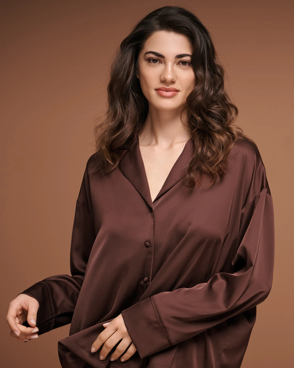 La Vie en Rose Brown Stone Women Luxury Edition Satin Long Sleeve Button-Down Shirt SKU: 60100203_20131 Image 01