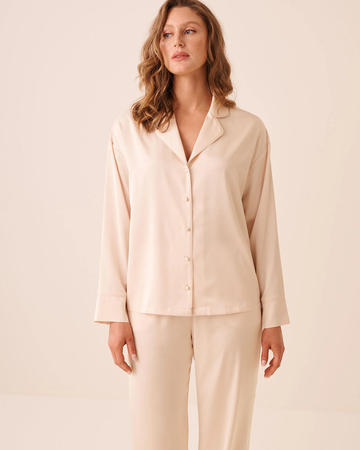 La Vie en Rose Silver Peony Women Luxury Edition Satin Long Sleeve Button-Down Shirt SKU: 60100203_60027 Image 03